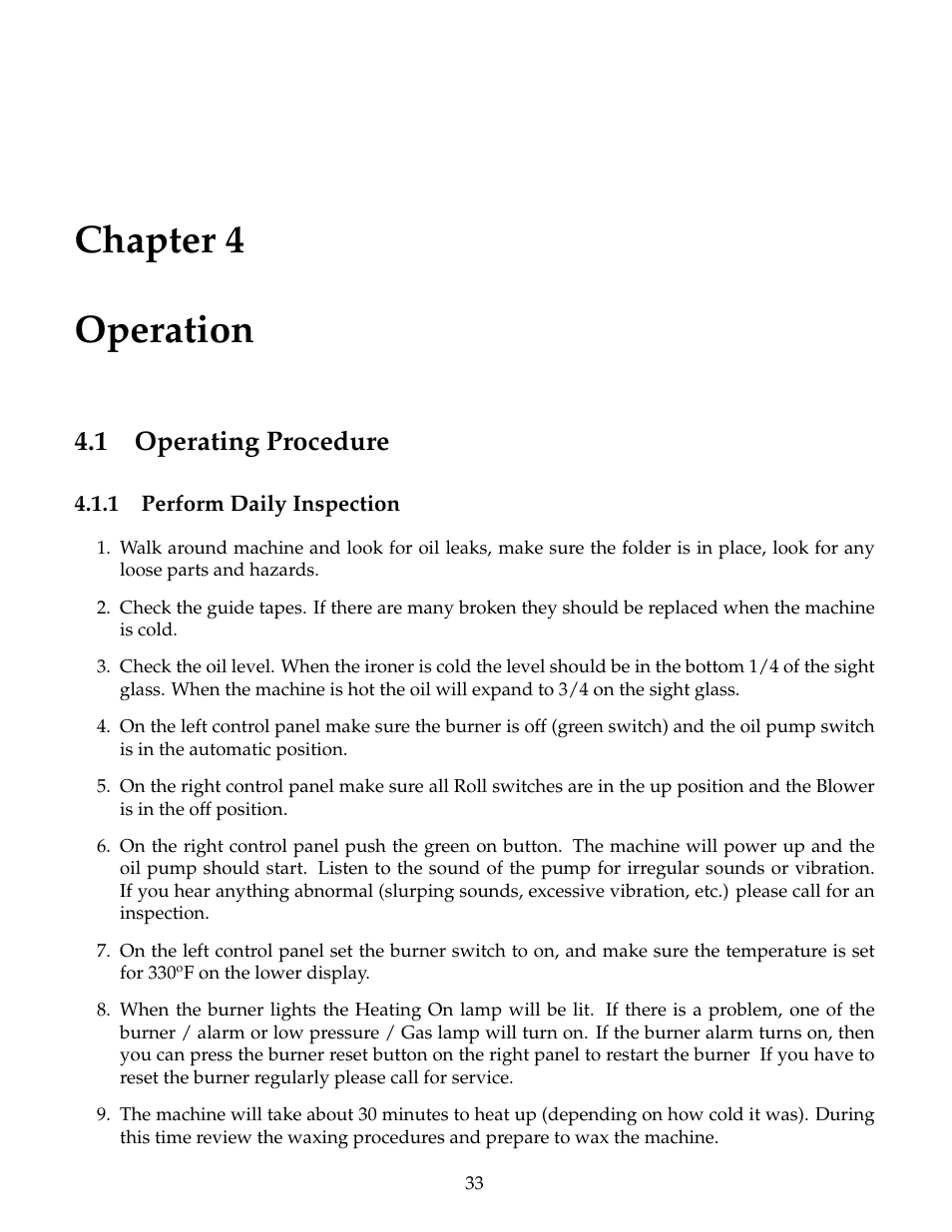 Operation, Operating procedure, Daily inspection | Chapter 4 operation, 1 operating procedure | B&C Technologies IM Series Industrial Ironer User Manual | Page 43 / 157
