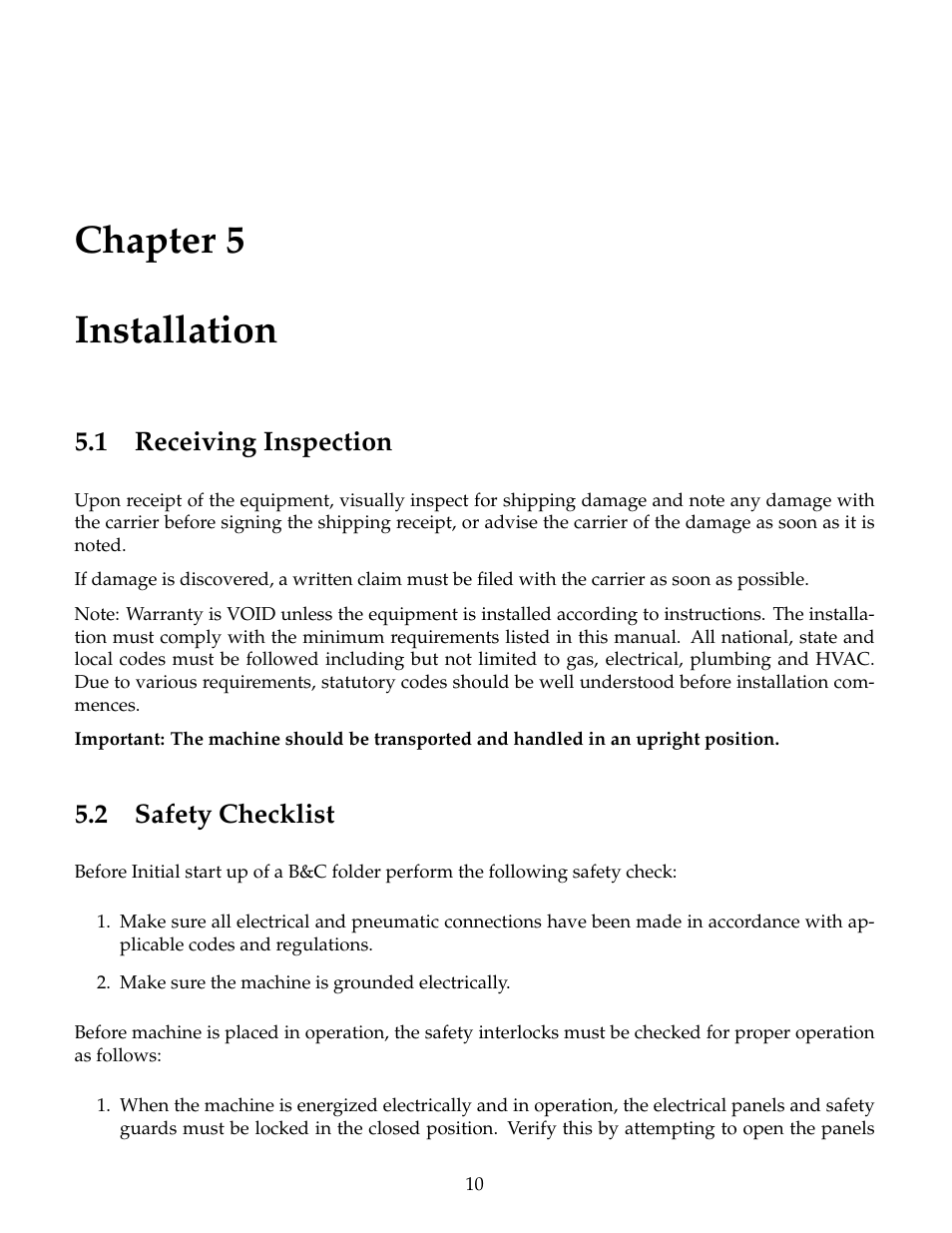 Installation, Receiving inspection, Safety checklist | Chapter 5 installation, 1 receiving inspection, 2 safety checklist | B&C Technologies PF Series User Manual | Page 14 / 46