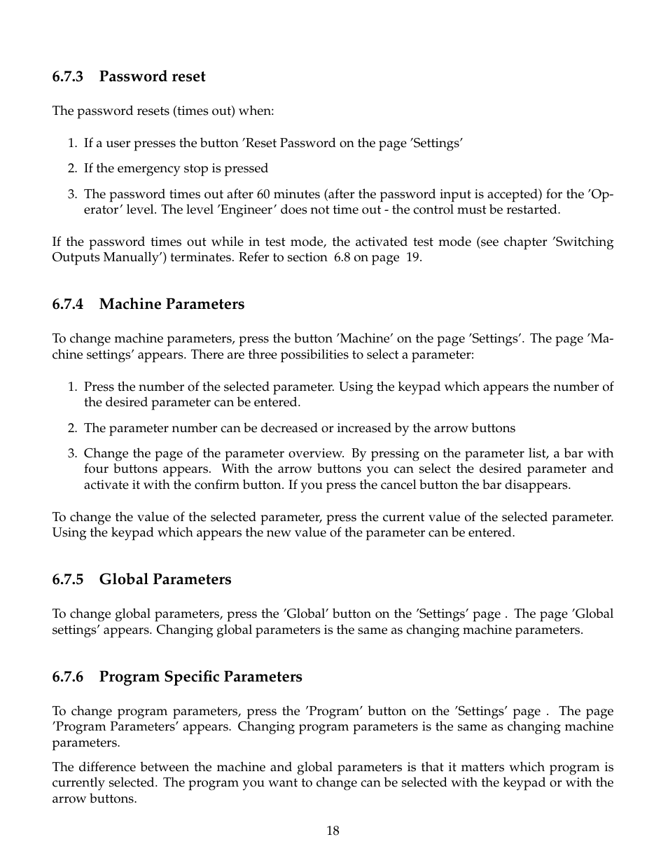 Password reset, Machine parameters, Global parameters | Program specific parameters | B&C Technologies PF Series User Manual | Page 22 / 46