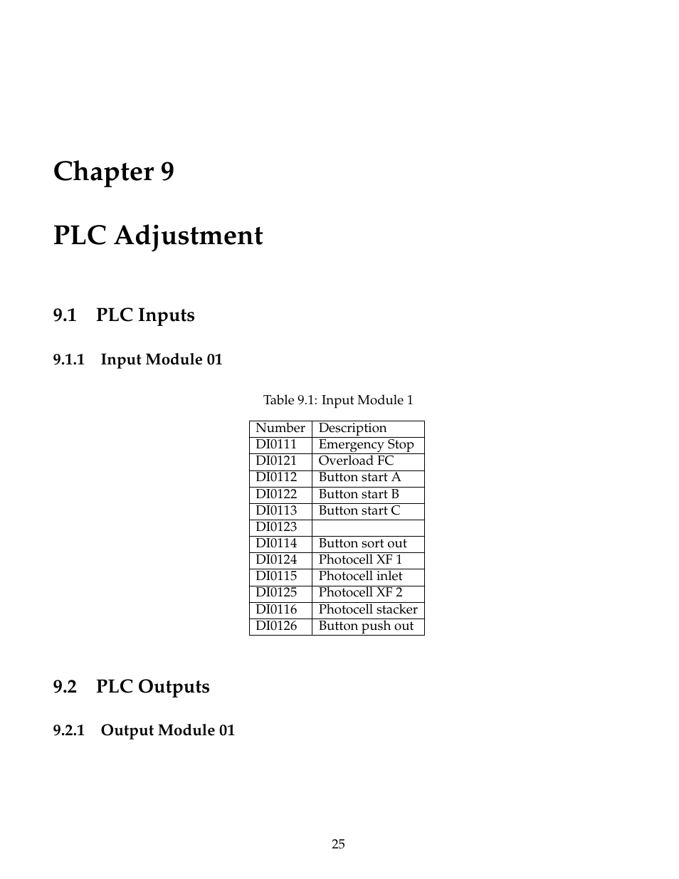 Plc adjustment, Plc inputs, Input module 01 | Plc outputs, Output module 01, Chapter 9 plc adjustment, 1 plc inputs, 2 plc outputs | B&C Technologies PF Series User Manual | Page 29 / 46