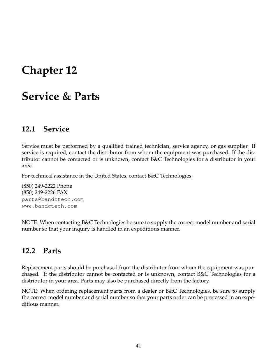 Service & parts, Service, Parts | 12 service & parts, 1 service, 2 parts, Chapter 12 service & parts | B&C Technologies PF Series User Manual | Page 45 / 46