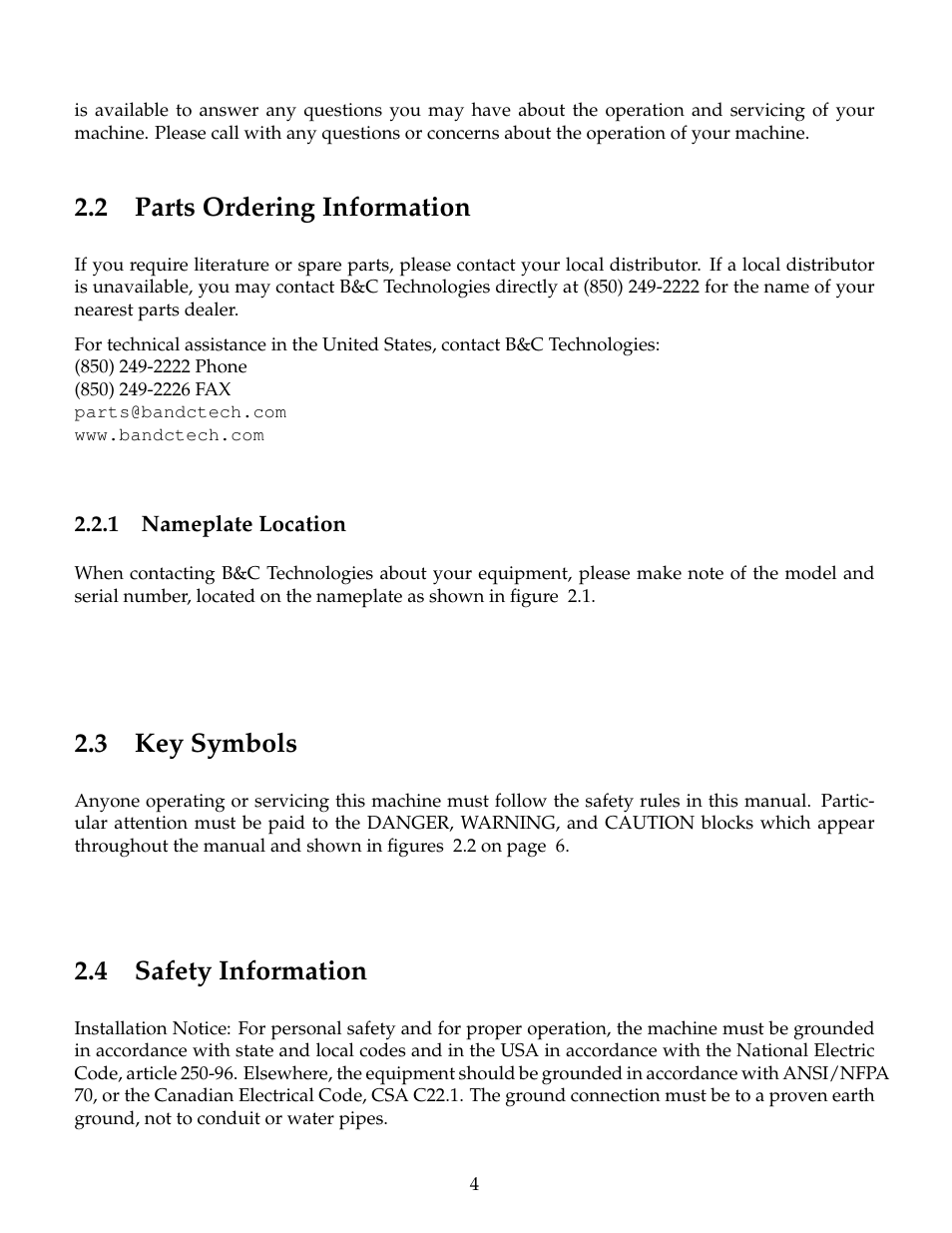 Parts ordering information, Nameplate location, Key symbols | Safety information, 2 parts ordering information, 3 key symbols, 4 safety information | B&C Technologies PF Series User Manual | Page 8 / 46