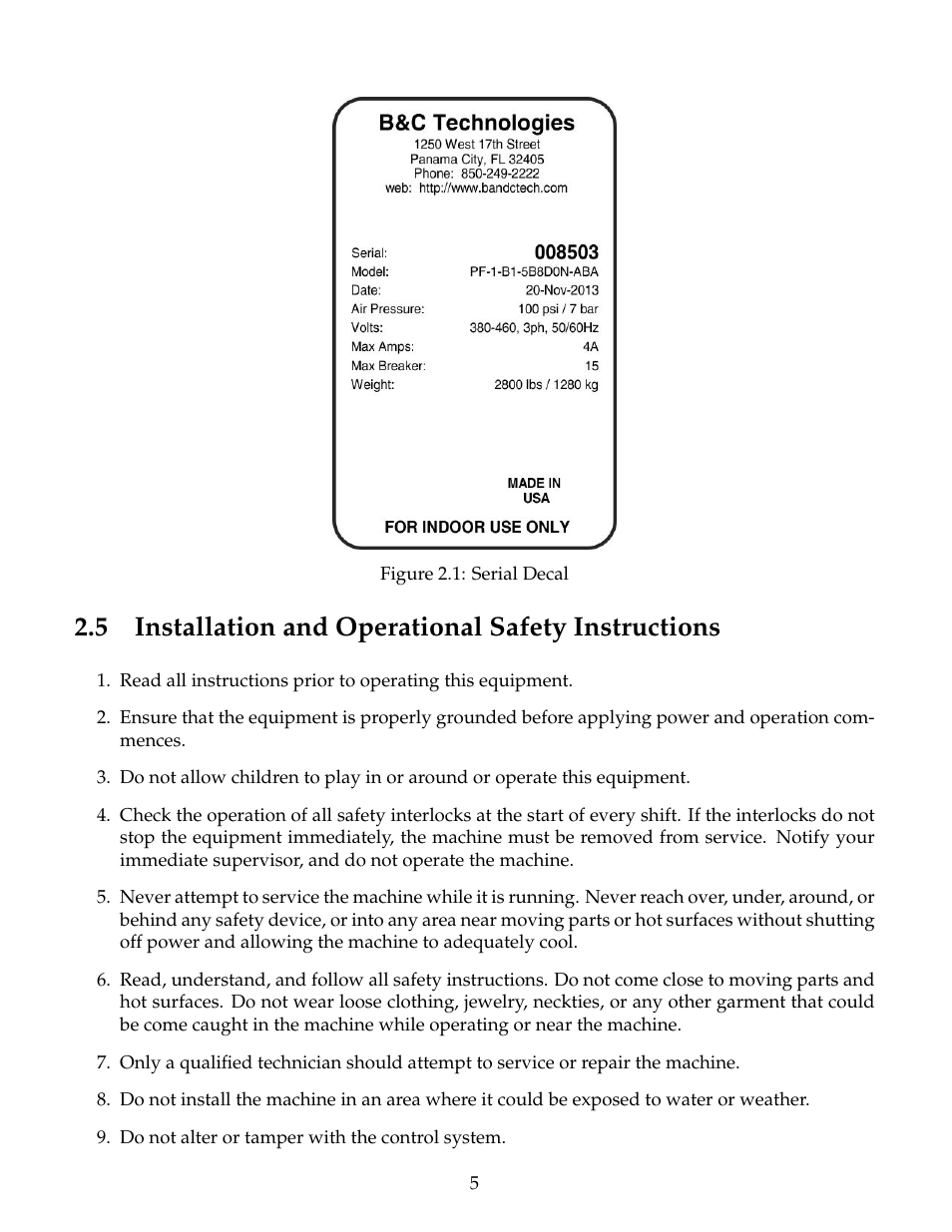 Installation and operational safety instructions, 5 installation and operational safety instructions | B&C Technologies PF Series User Manual | Page 9 / 46