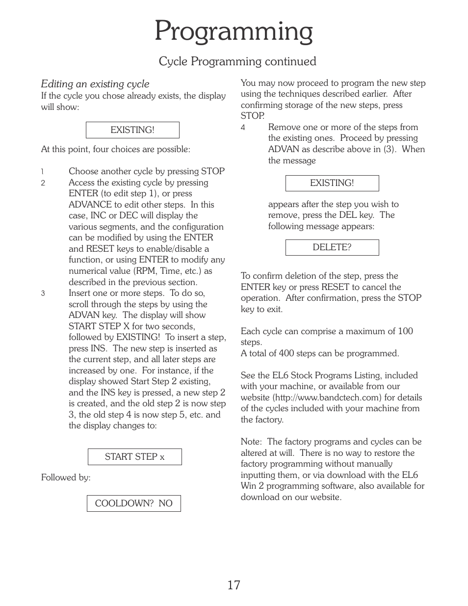 Programming, Cycle programming continued | B&C Technologies EL-6 Programming (SA, SB, SI, SP, HI, HP Series) User Manual | Page 18 / 36