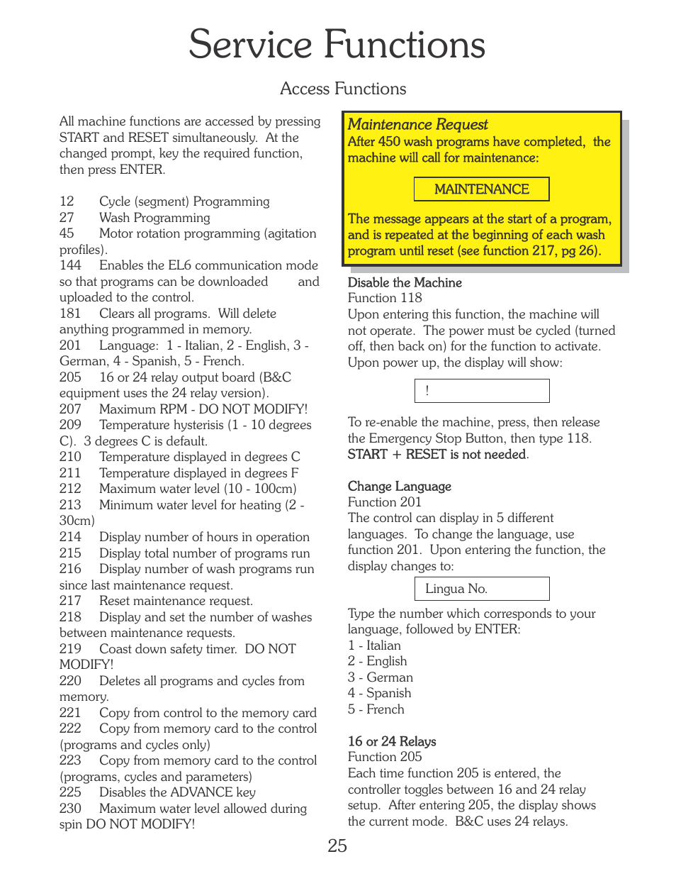 Service functions, 25 access functions | B&C Technologies EL-6 Programming (SA, SB, SI, SP, HI, HP Series) User Manual | Page 26 / 36