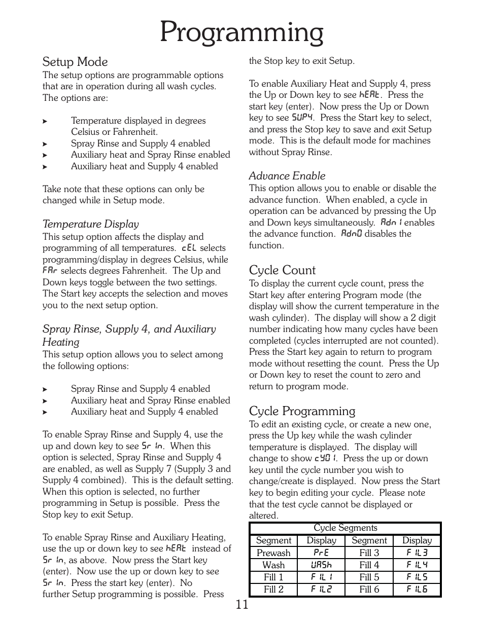 Programming, Setup mode, Cycle count | Cycle programming | B&C Technologies A-Computer Programming (HE Series) User Manual | Page 12 / 23