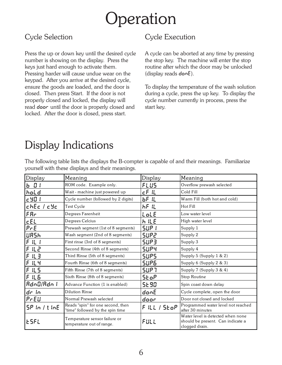 Operation, Display indications, Cycle selection | Cycle execution | B&C Technologies A-Computer Programming (HE Series) User Manual | Page 7 / 23