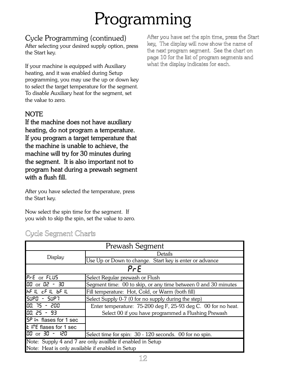 Programming, Prewash segment, Cycle programming (continued) | Cycle segment charts 12 | B&C Technologies B-Computer Programming (HE Series) User Manual | Page 13 / 22