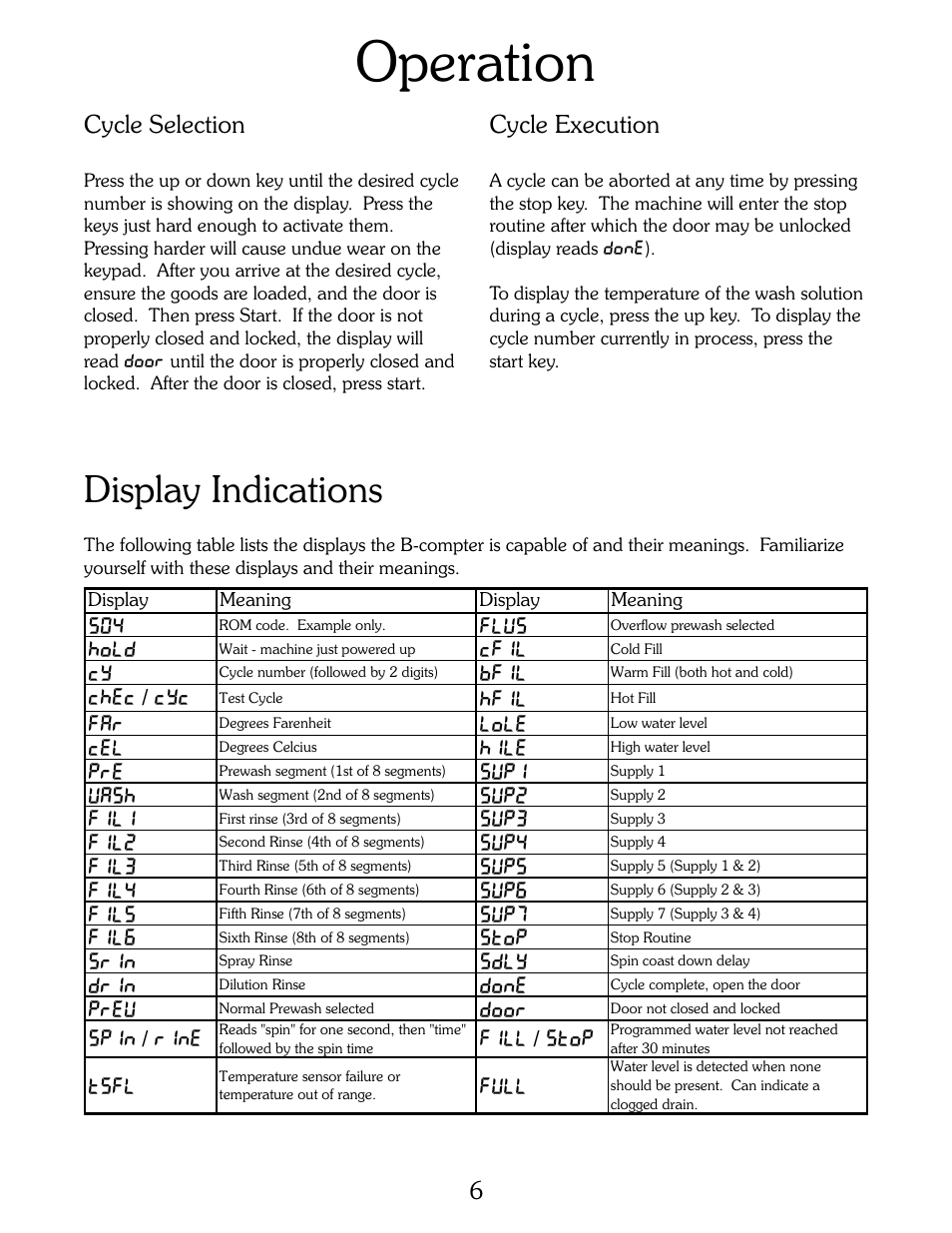 Operation, Display indications, Cycle selection | Cycle execution | B&C Technologies B-Computer Programming (HE Series) User Manual | Page 7 / 22