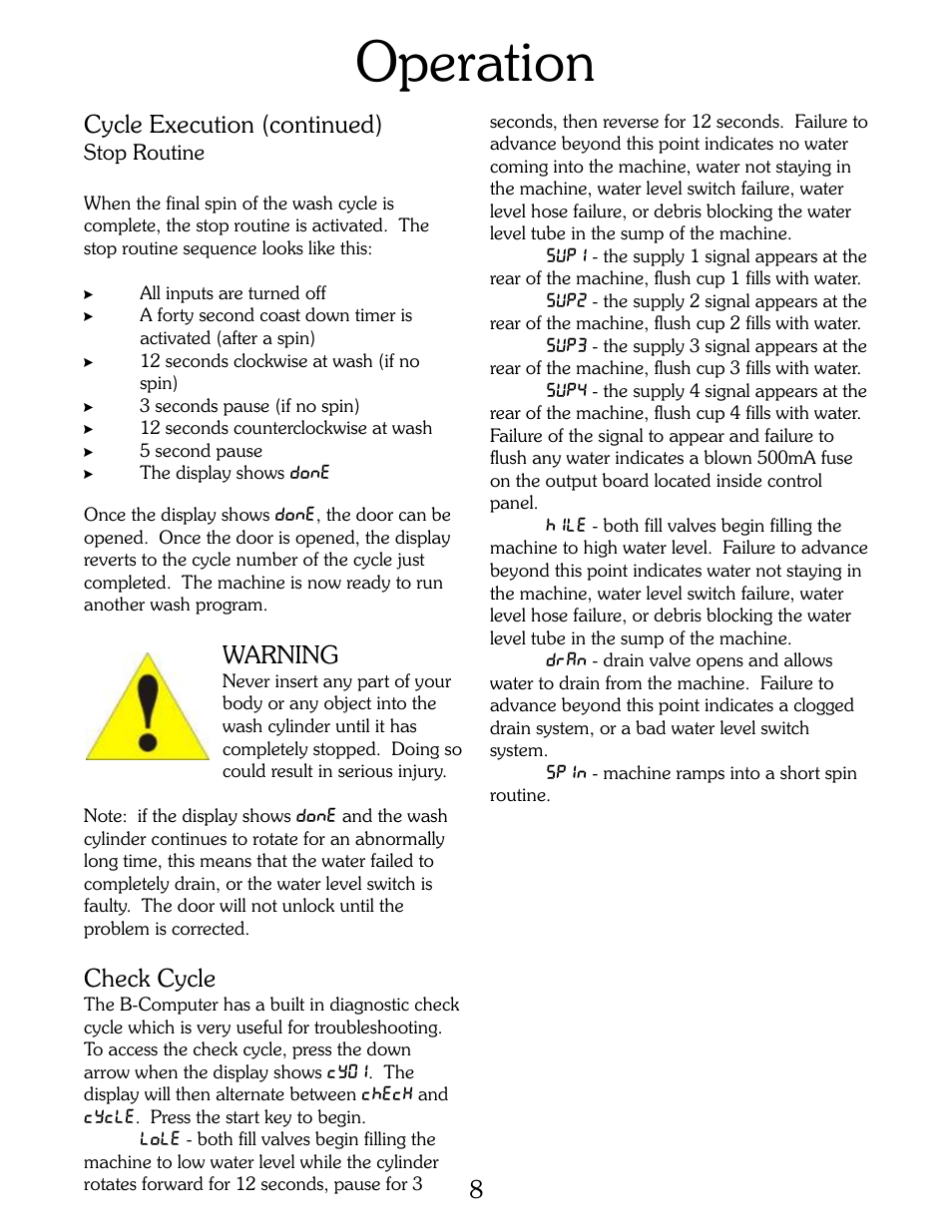 Operation, Cycle execution (continued), Warning | Check cycle | B&C Technologies B-Computer Programming (HE Series) User Manual | Page 9 / 22