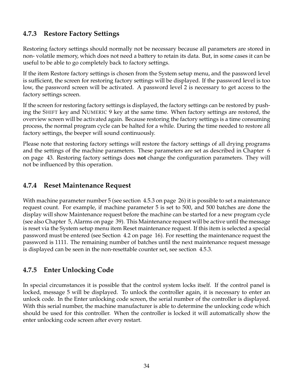 Restore factory settings, Reset maintenance request, Enter unlocking code | B&C Technologies M720 Dryer Control (DE, DP, DI Series) User Manual | Page 37 / 50