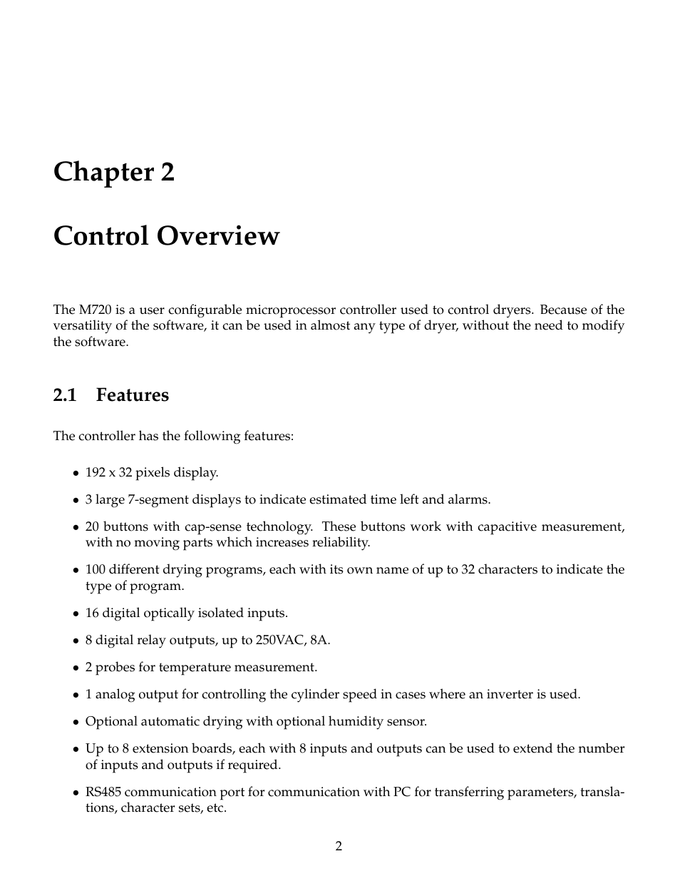 Control overview, Features, Chapter 2 control overview | 1 features | B&C Technologies M720 Dryer Control (DE, DP, DI Series) User Manual | Page 5 / 50