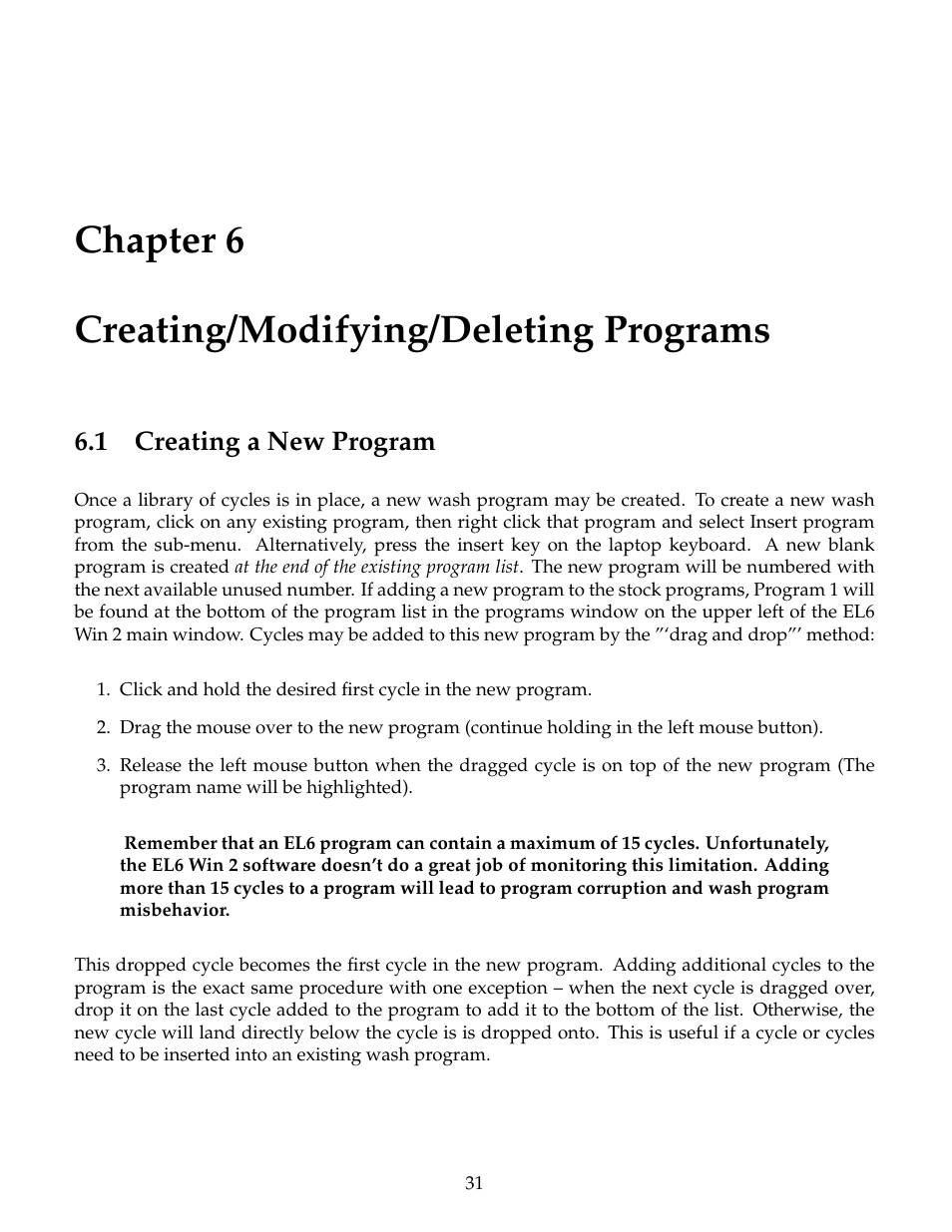 Creating/modifying/deleting programs, Creating a new program, Chapter 6 creating/modifying/deleting programs | 1 creating a new program | B&C Technologies EL-6 Windows User Manual | Page 34 / 44