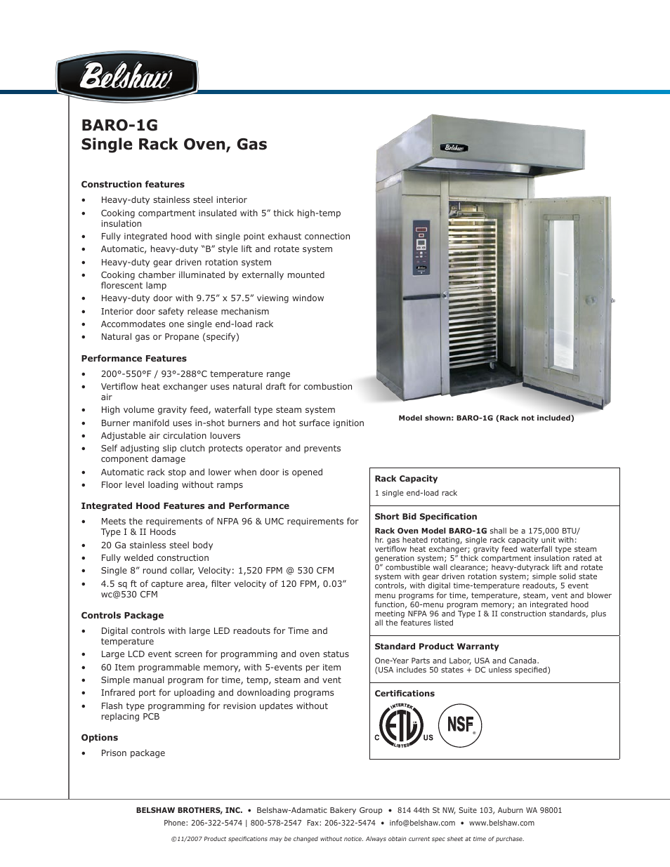 Belshaw Brothers BARO-1G User Manual | 2 pages