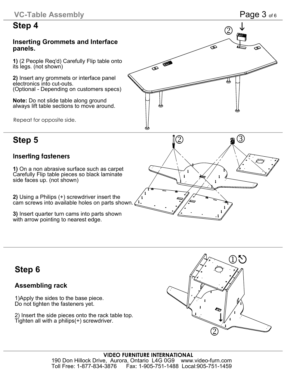 Drawing view354, Drawing view355, Drawing view356 | Drawing view357, Drawing view358, Page 3, Step 4, Step 5, Step 6 | AVF VC-TABLE T3 User Manual | Page 3 / 6