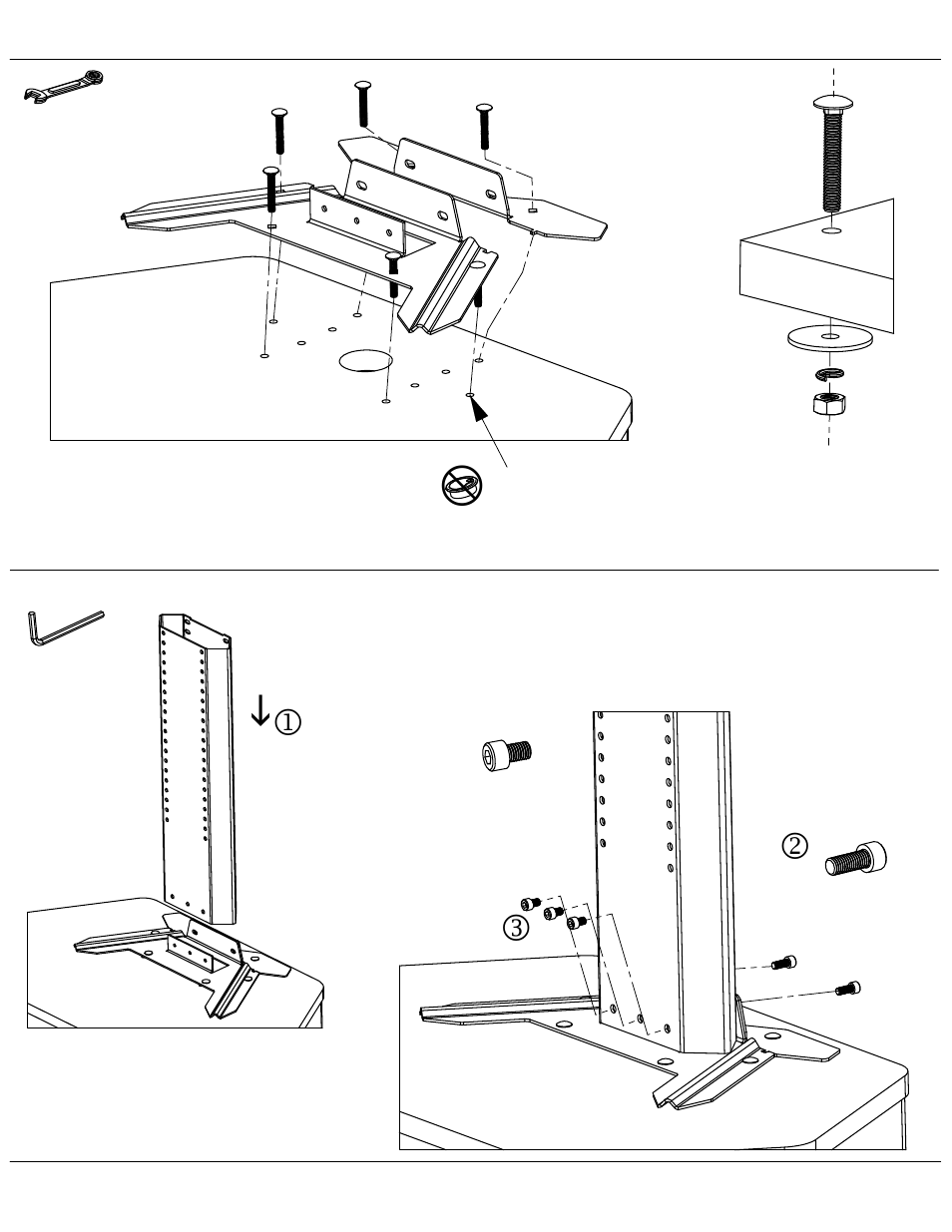 Step 1, Step 2 page 2, Securing the base to a cart or table | Adding the mounting spine | AVF PM-S-XL User Manual | Page 2 / 7