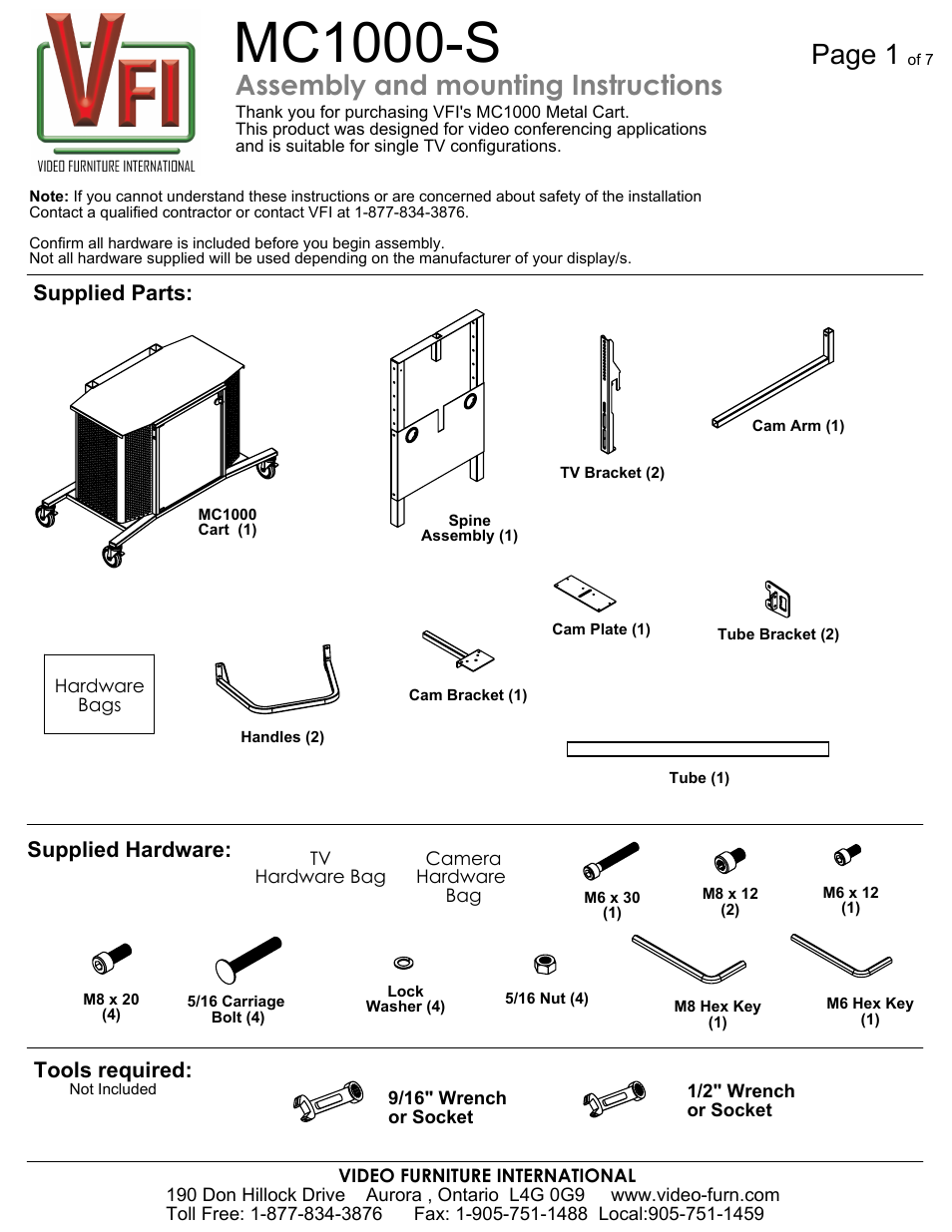 AVF Package I MC1000 Cart + MC-S Display Mount User Manual | 7 pages