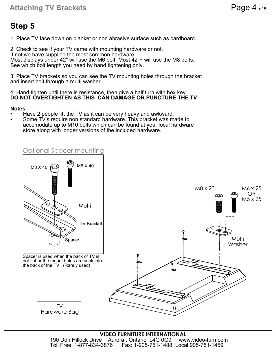 Drawing view364, Drawing view365, Drawing view369 | Page 4, Step 5, Attaching tv brackets | AVF TP800-XL User Manual | Page 4 / 5