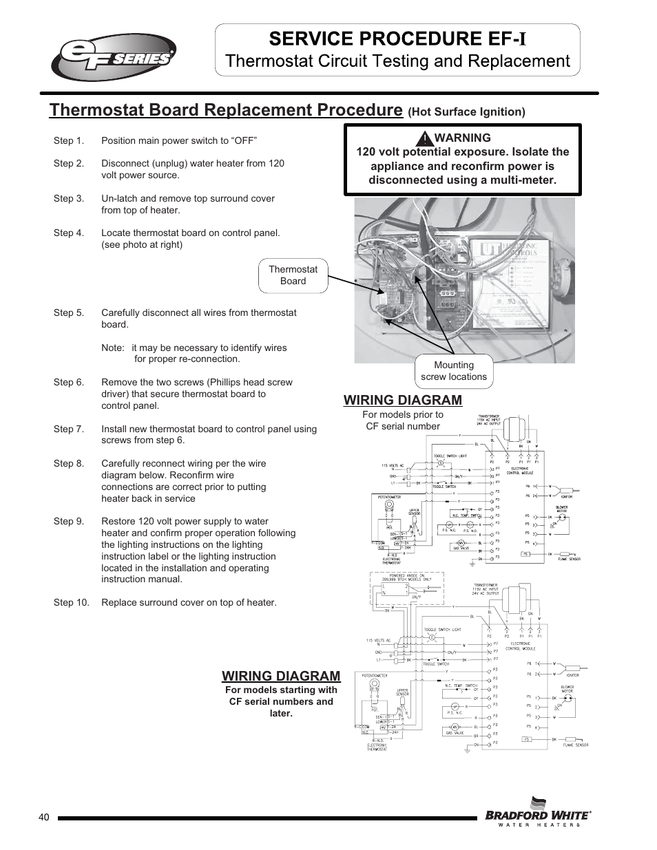 Thermostat board replacement procedure, Wiring diagram | Bradford White EF-100T-399-3X User Manual | Page 40 / 92