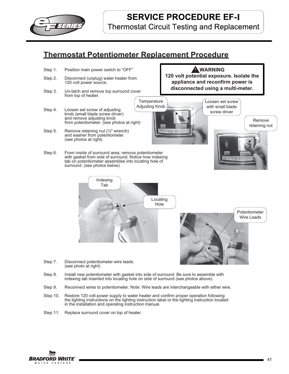 Thermostat potentiometer replacement procedure | Bradford White EF-100T-399-3X User Manual | Page 41 / 92