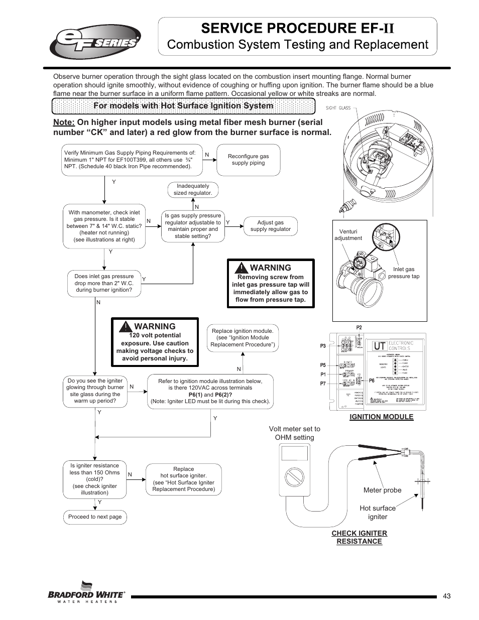 Warning, For models with hot surface ignition system | Bradford White EF-100T-399-3X User Manual | Page 43 / 92