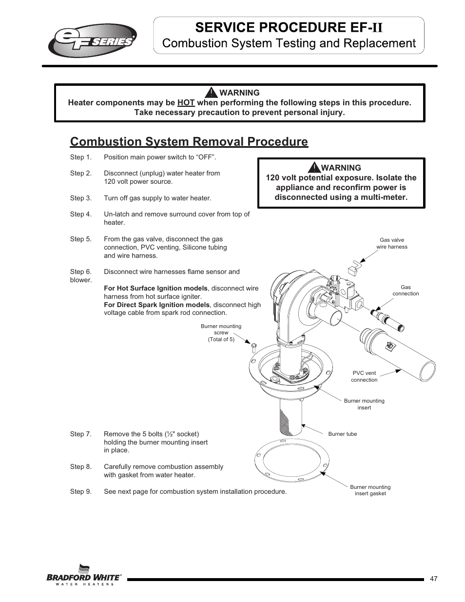 Combustion system removal procedure | Bradford White EF-100T-399-3X User Manual | Page 47 / 92