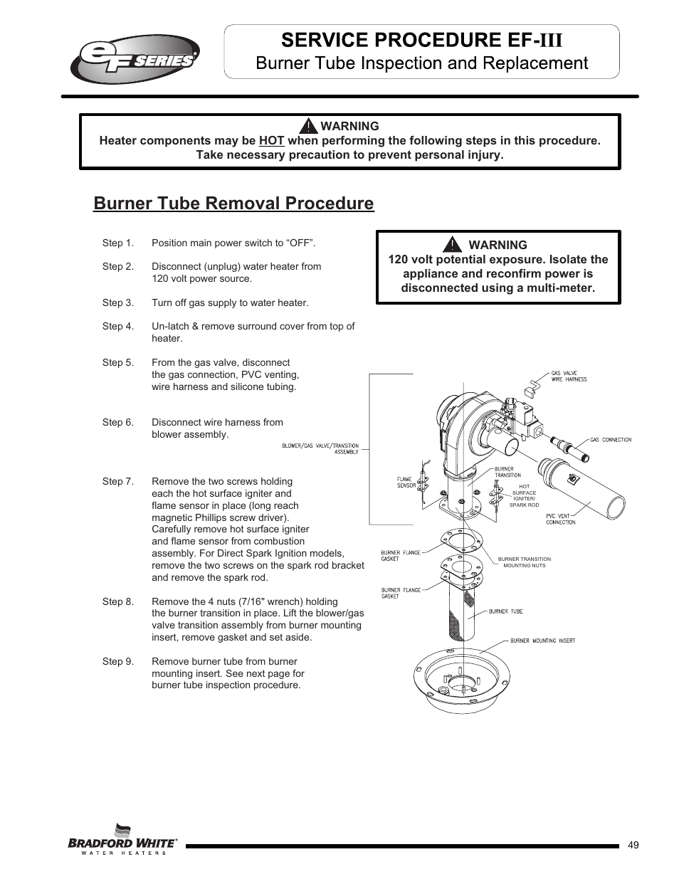 Burner tube removal procedure | Bradford White EF-100T-399-3X User Manual | Page 49 / 92