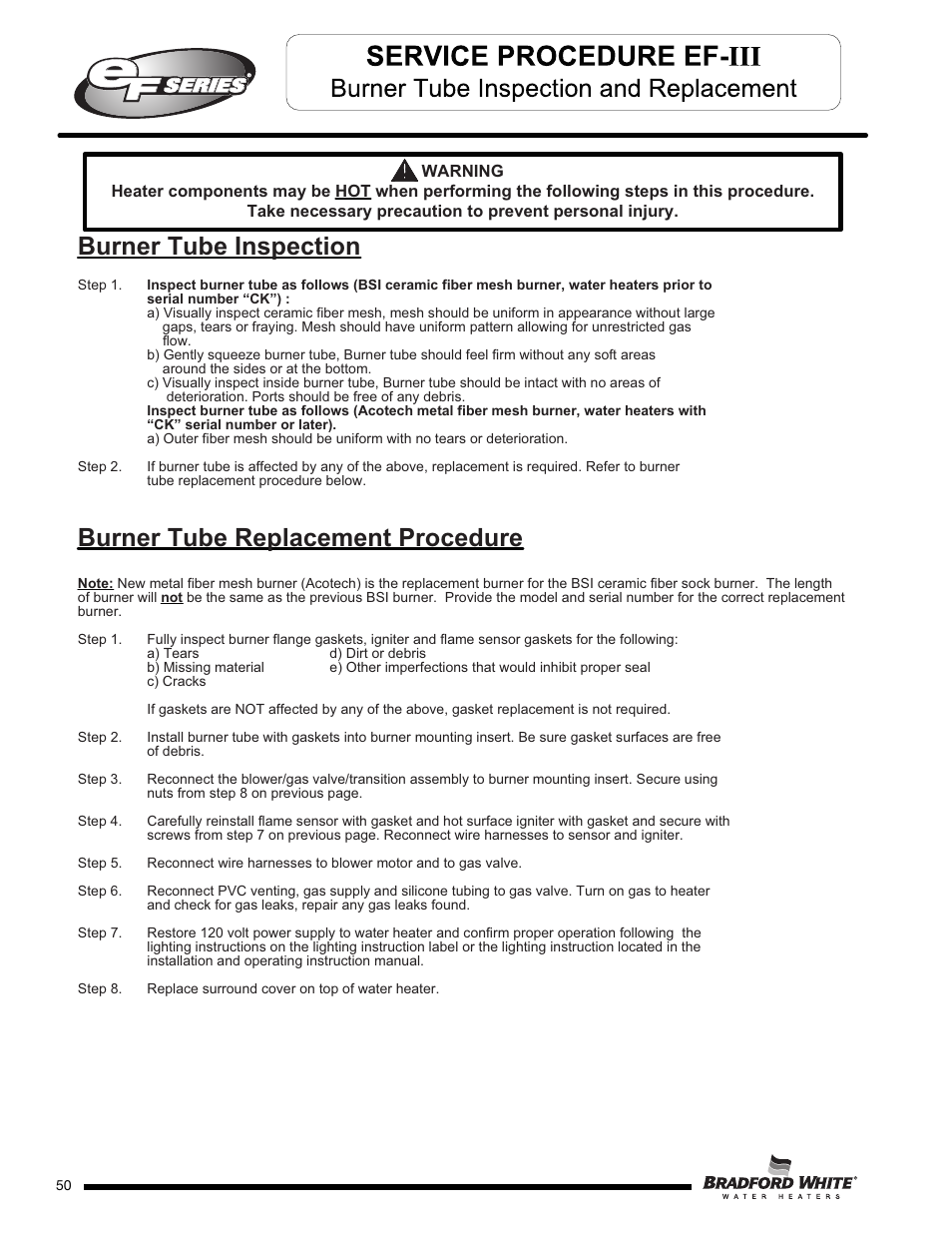 Burner tube inspection, Burner tube replacement procedure | Bradford White EF-100T-399-3X User Manual | Page 50 / 92