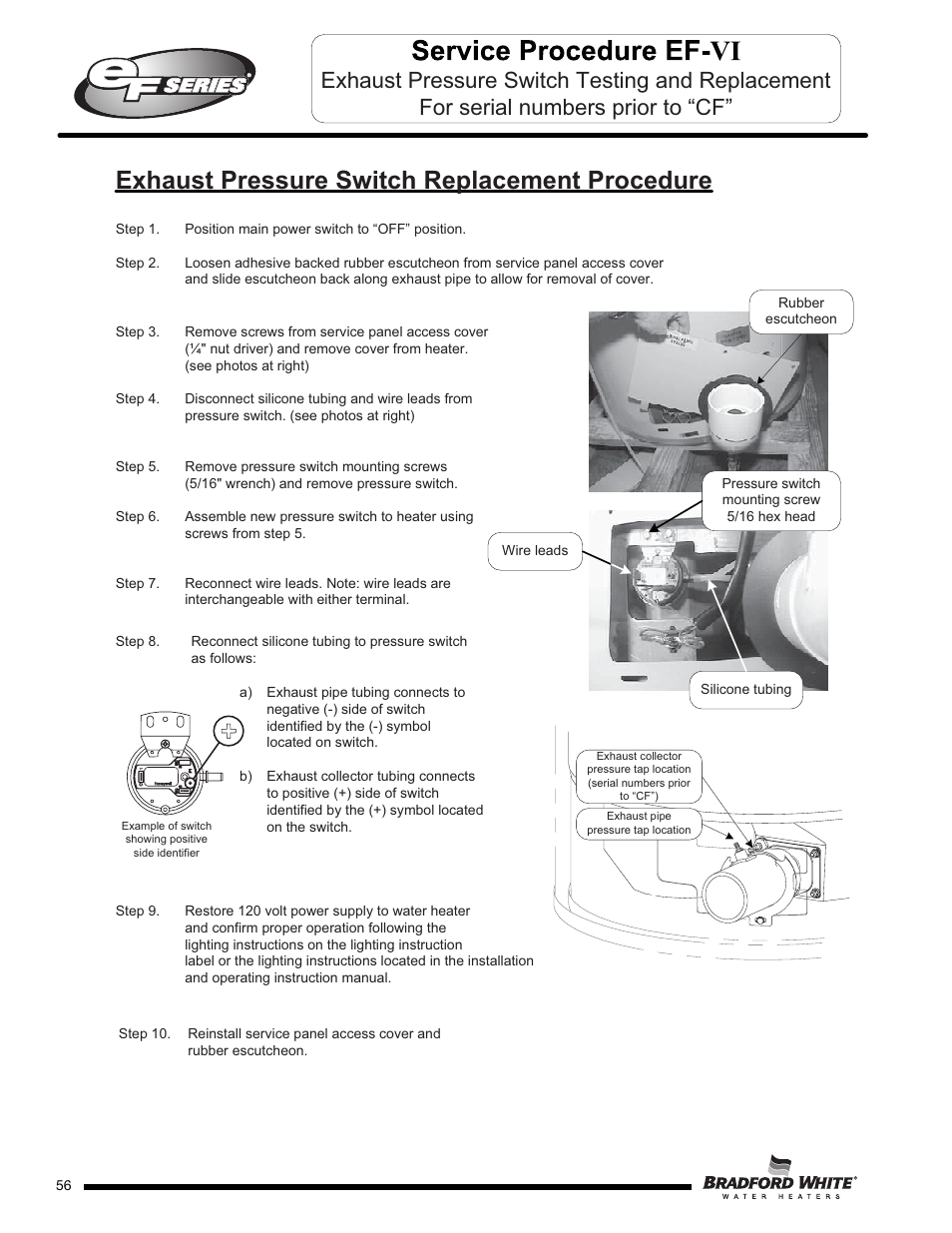 Exhaust pressure switch replacement procedure | Bradford White EF-100T-399-3X User Manual | Page 56 / 92