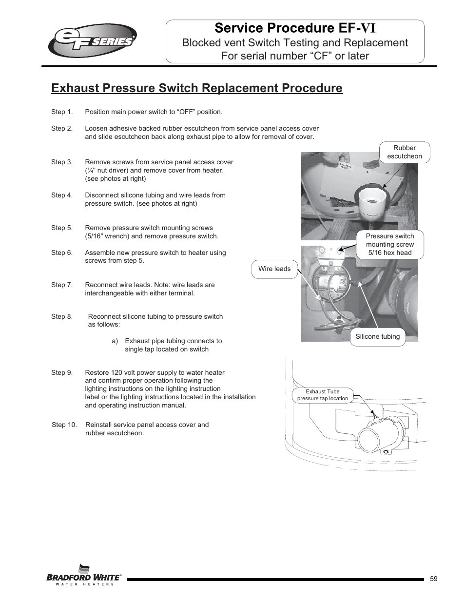 Exhaust pressure switch replacement procedure | Bradford White EF-100T-399-3X User Manual | Page 59 / 92