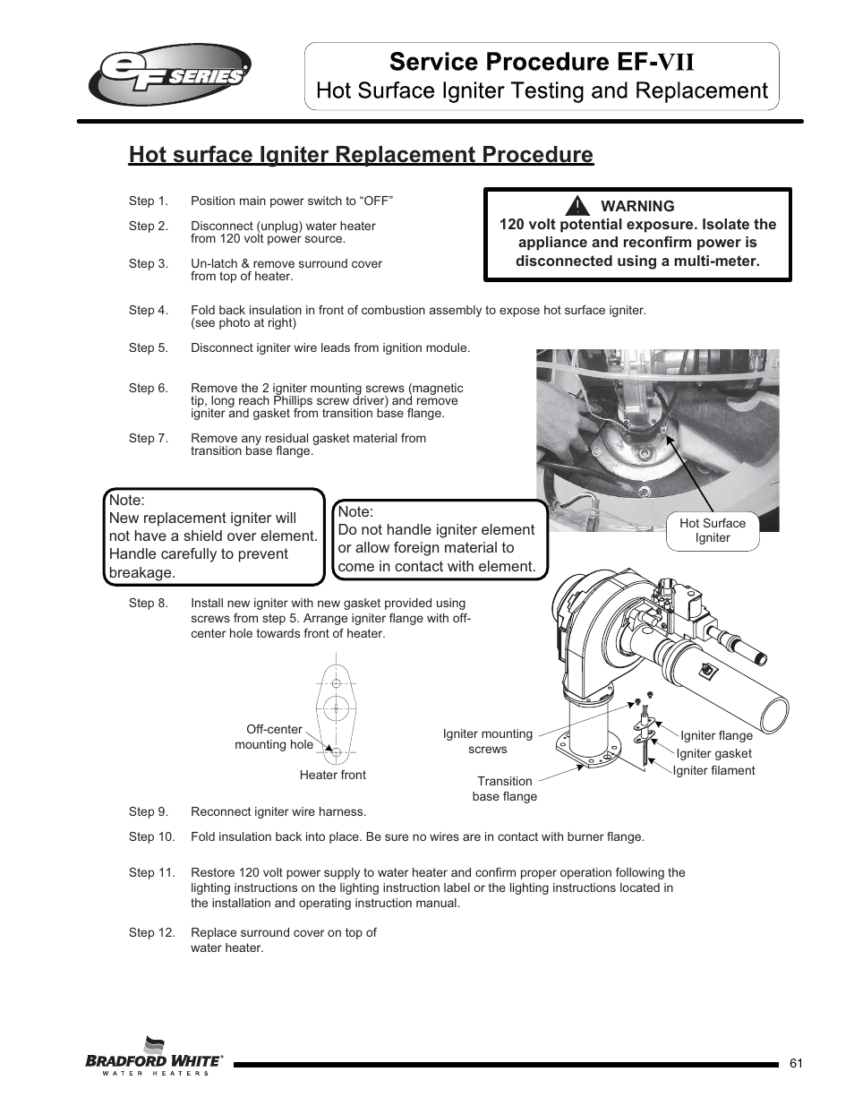 Hot surface igniter replacement procedure | Bradford White EF-100T-399-3X User Manual | Page 61 / 92