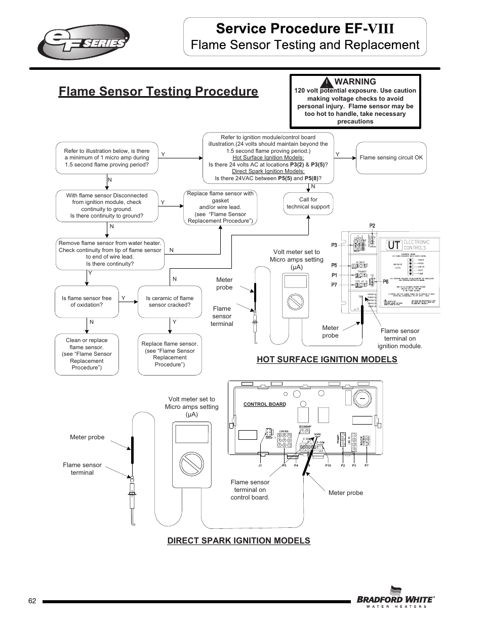 Flame sensor testing procedure, Warning | Bradford White EF-100T-399-3X User Manual | Page 62 / 92