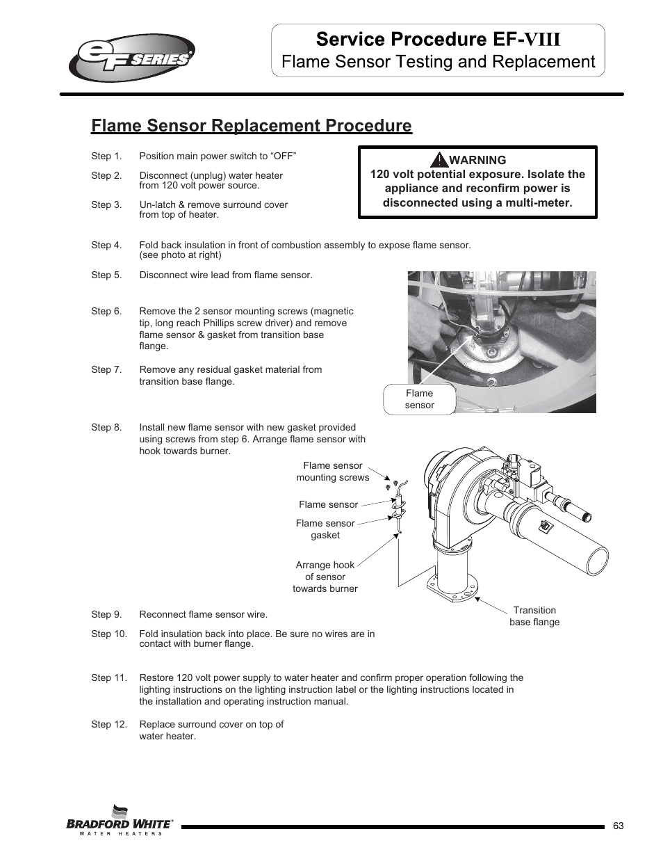 Flame sensor replacement procedure | Bradford White EF-100T-399-3X User Manual | Page 63 / 92