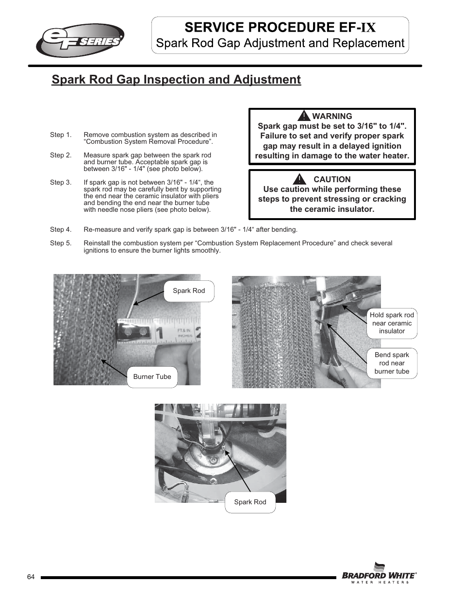 Spark rod gap inspection and adjustment | Bradford White EF-100T-399-3X User Manual | Page 64 / 92