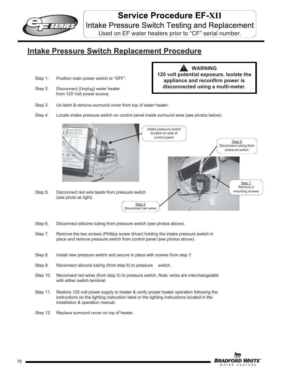 Intake pressure switch replacement procedure | Bradford White EF-100T-399-3X User Manual | Page 70 / 92