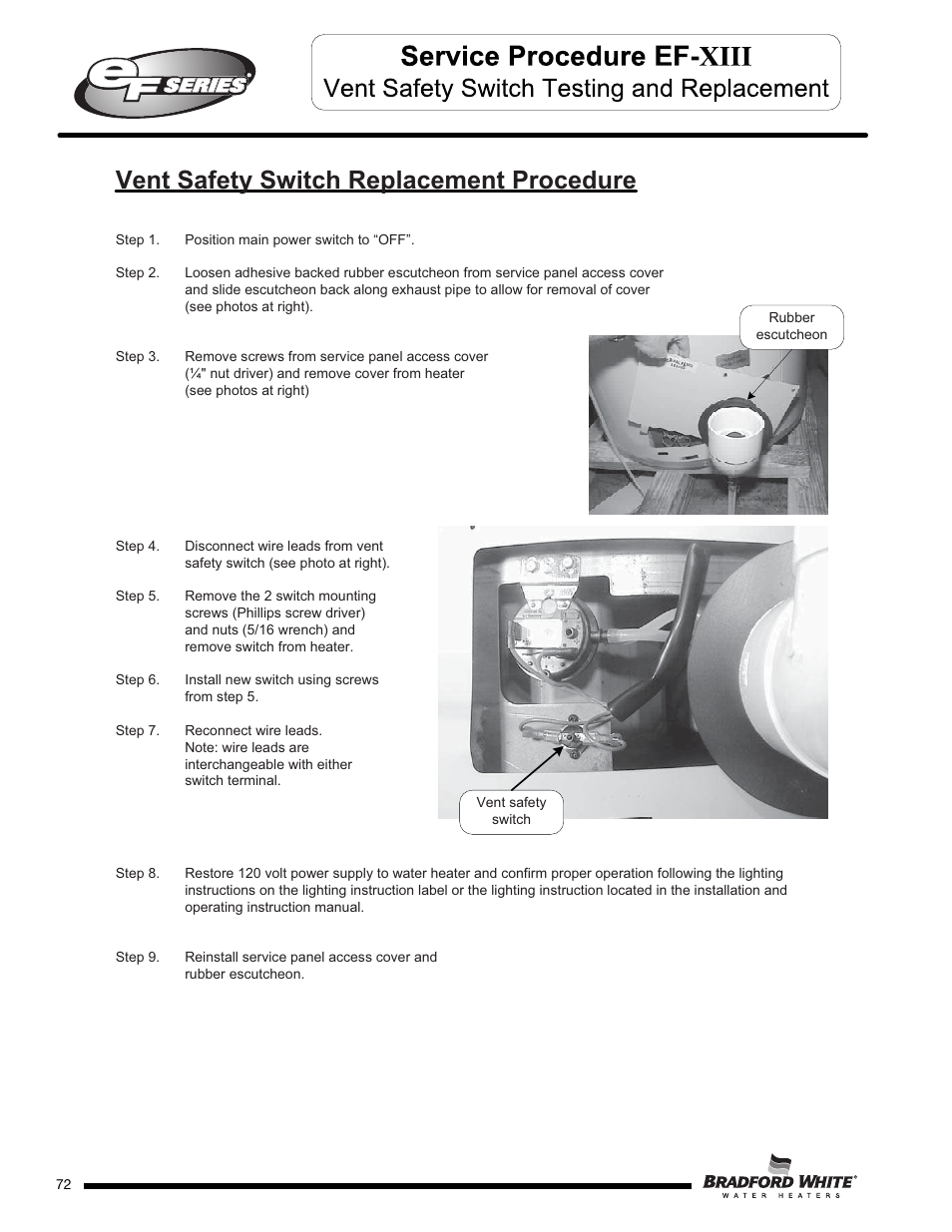 Vent safety switch replacement procedure | Bradford White EF-100T-399-3X User Manual | Page 72 / 92