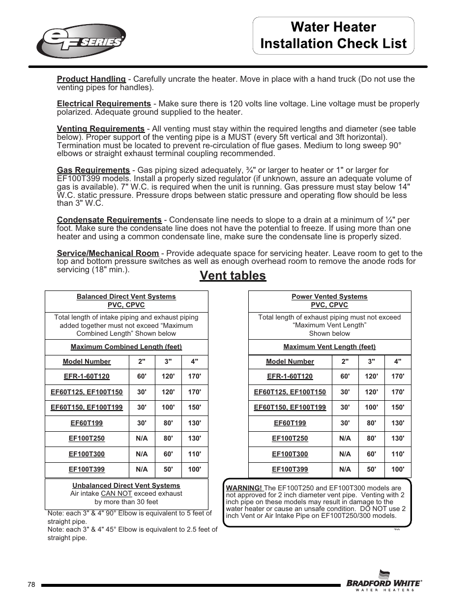 Vent tables | Bradford White EF-100T-399-3X User Manual | Page 78 / 92