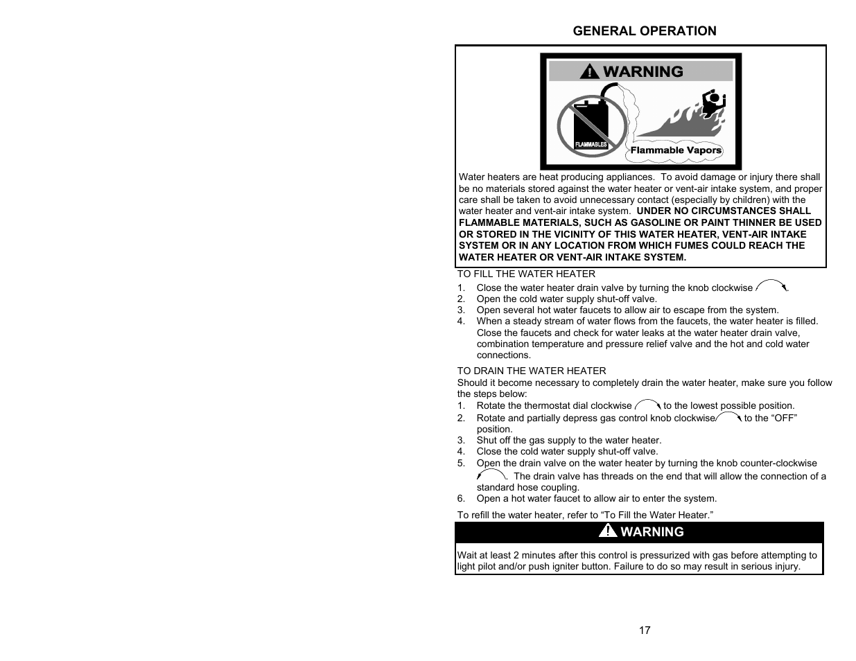 General operation, Warning | Bradford White 65T-65FB-3X User Manual | Page 17 / 32