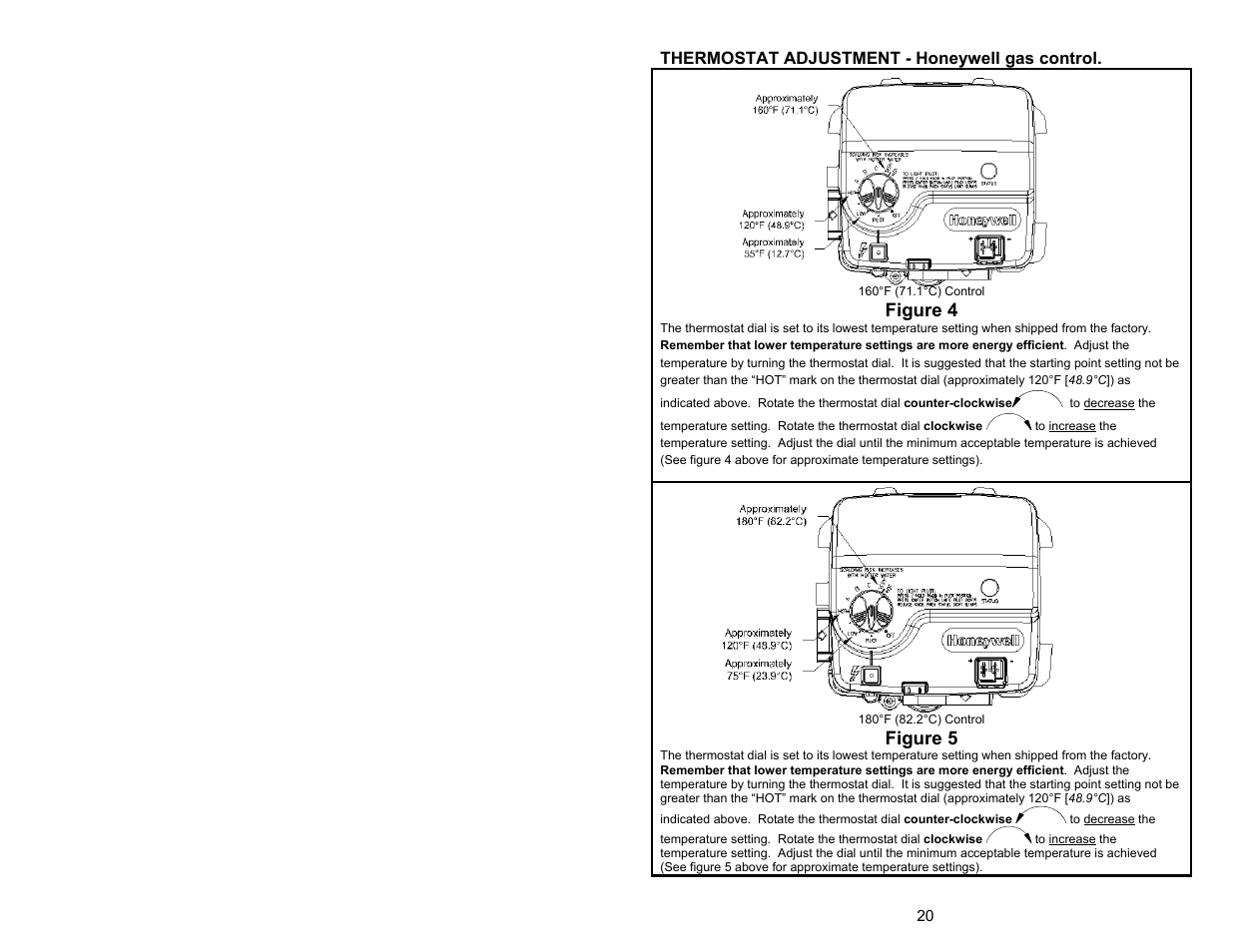 Figure 4, Figure 5, Thermostat adjustment - honeywell gas control | Bradford White 55X-80B-3X User Manual | Page 20 / 28