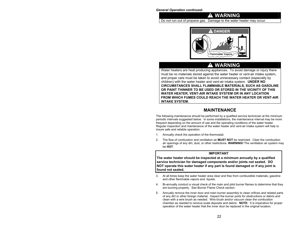 Warning, Maintenance | Bradford White 55X-80B-3X User Manual | Page 22 / 28