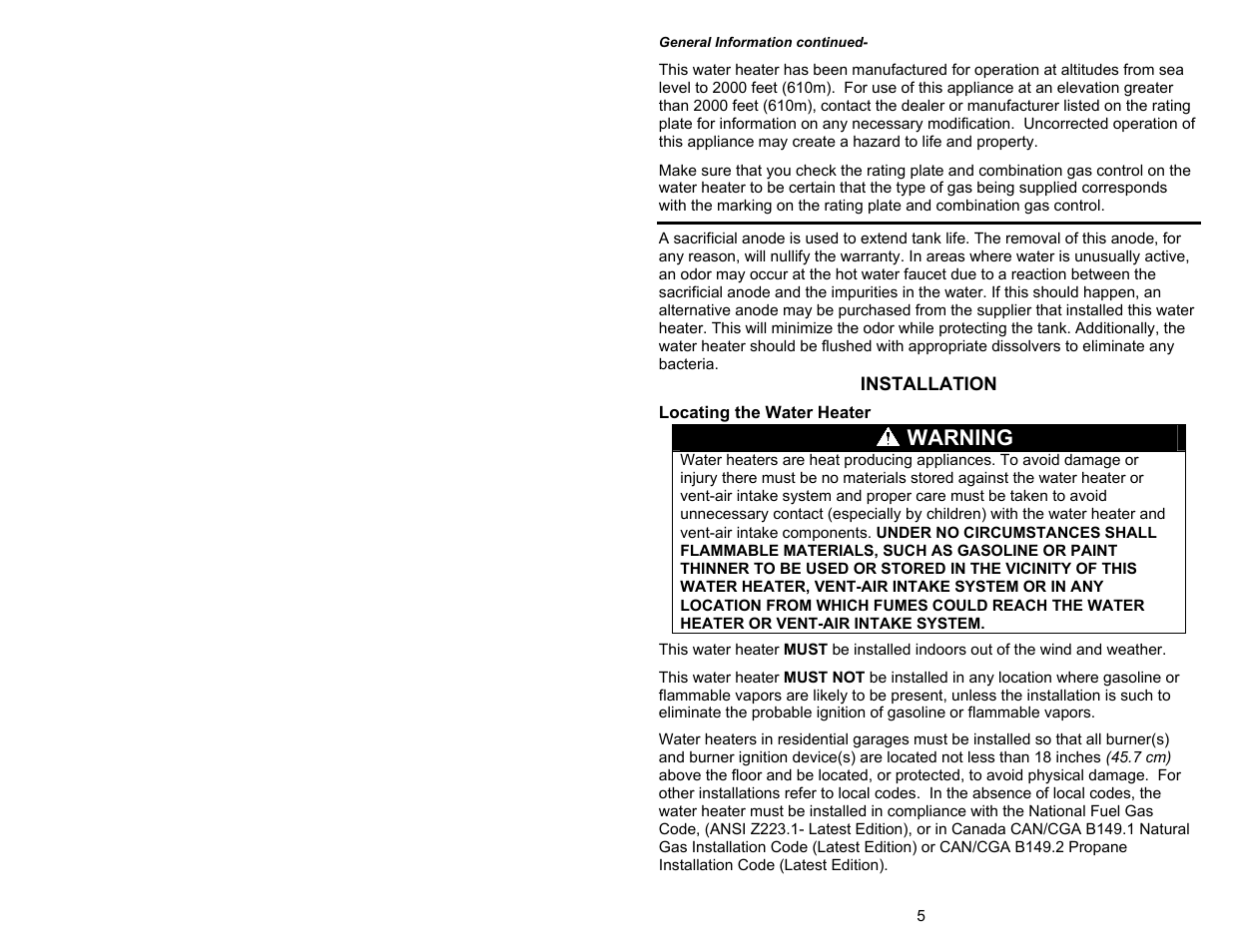 Warning, Installation, Locating the water heater | Bradford White 55X-80B-3X User Manual | Page 5 / 28