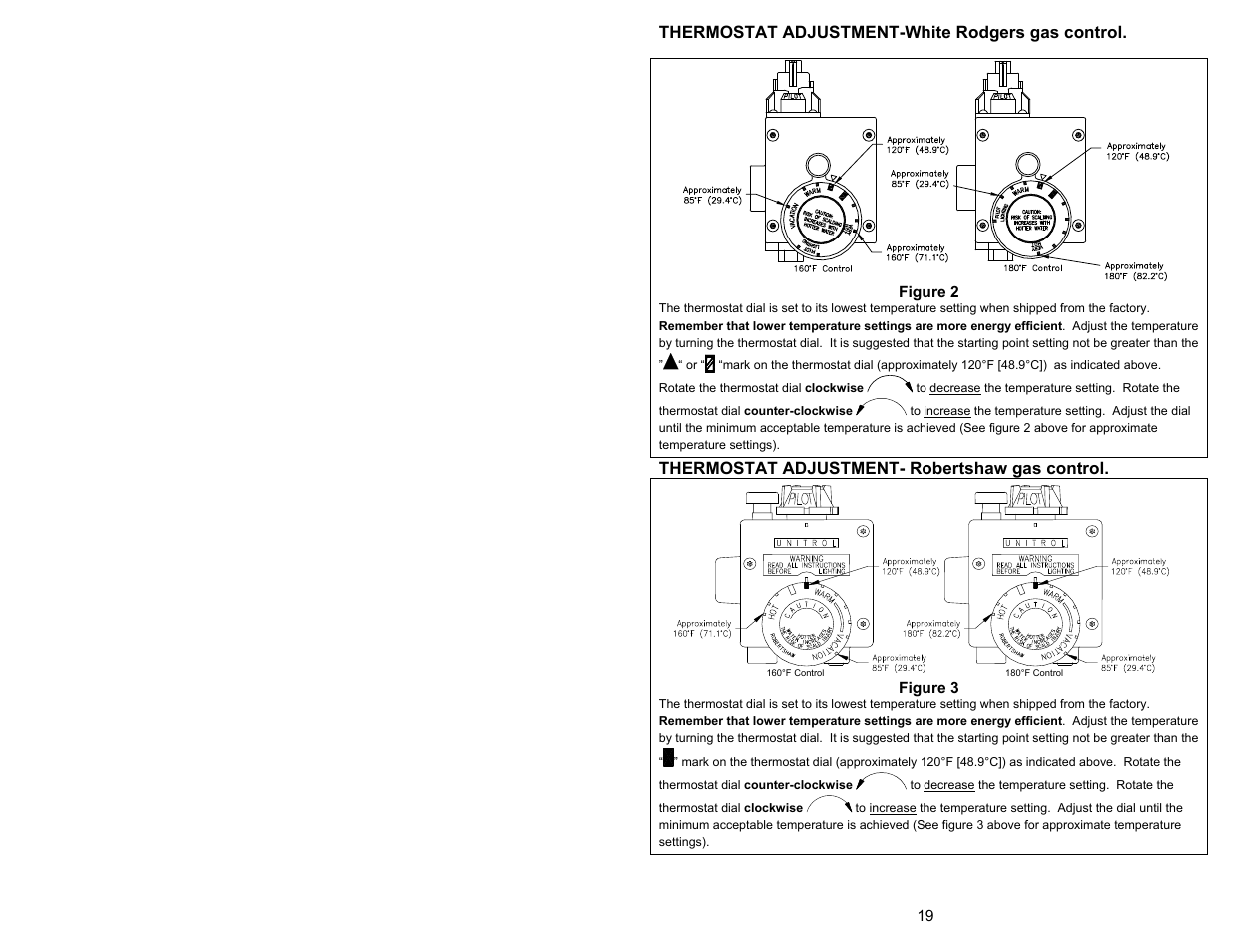 Thermostat adjustment-white rodgers gas control, Thermostat adjustment- robertshaw gas control | Bradford White 100T-88B-3X User Manual | Page 19 / 28