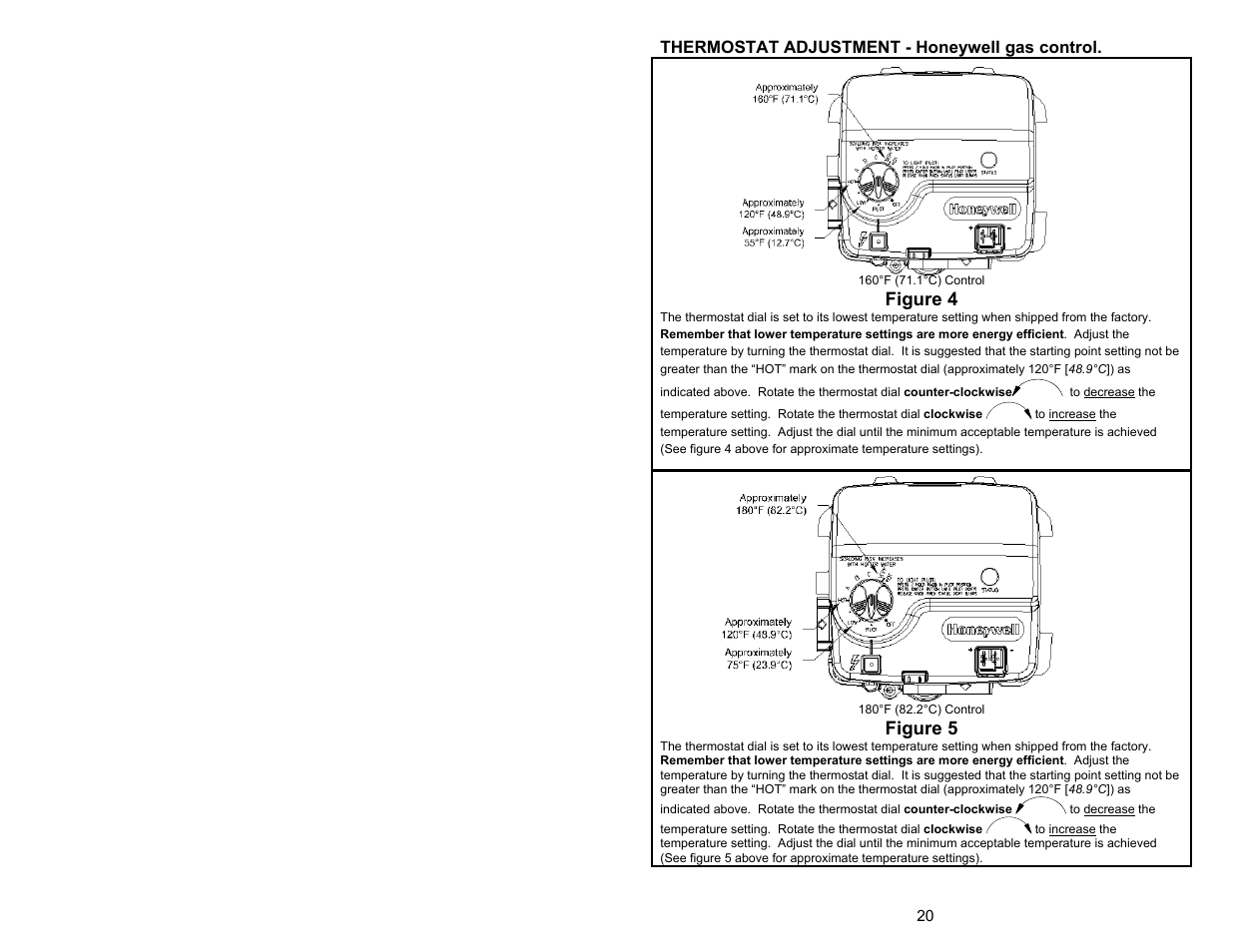 Figure 4, Figure 5, Thermostat adjustment - honeywell gas control | Bradford White 100T-88B-3X User Manual | Page 20 / 28