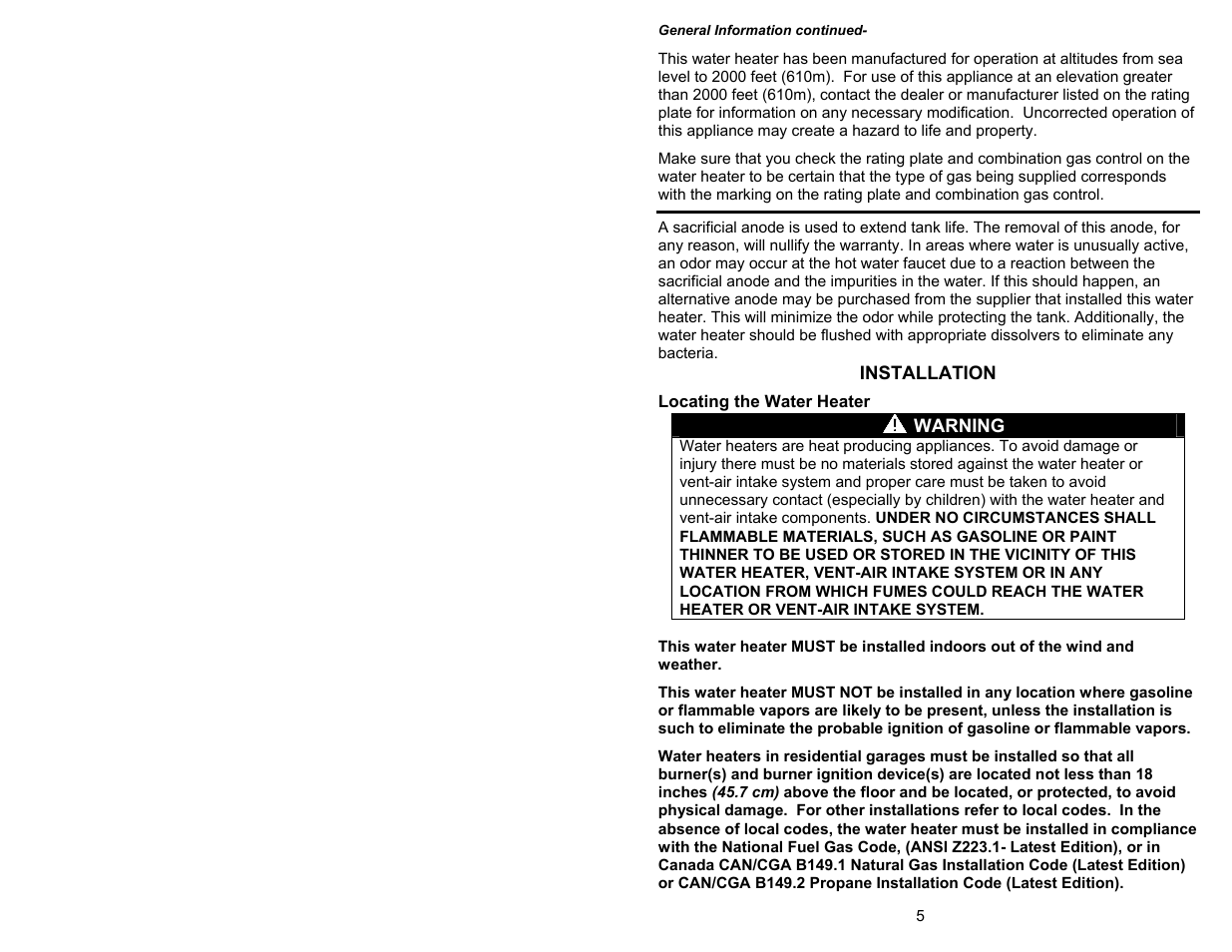Installation, Warning | Bradford White 100T-88B-3X User Manual | Page 5 / 28
