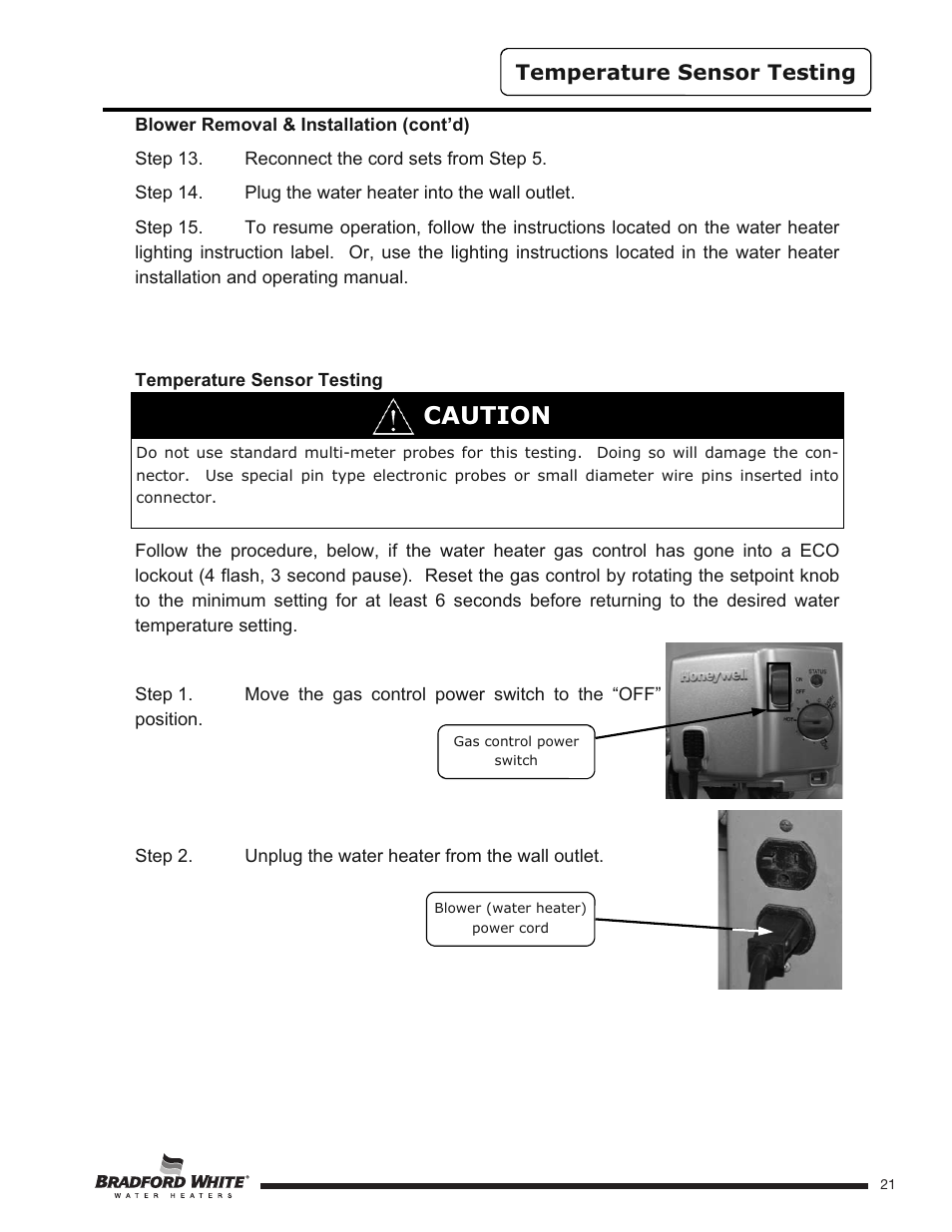 Caution, Temperature sensor testing | Bradford White HE-4-50S6FSX User Manual | Page 21 / 40