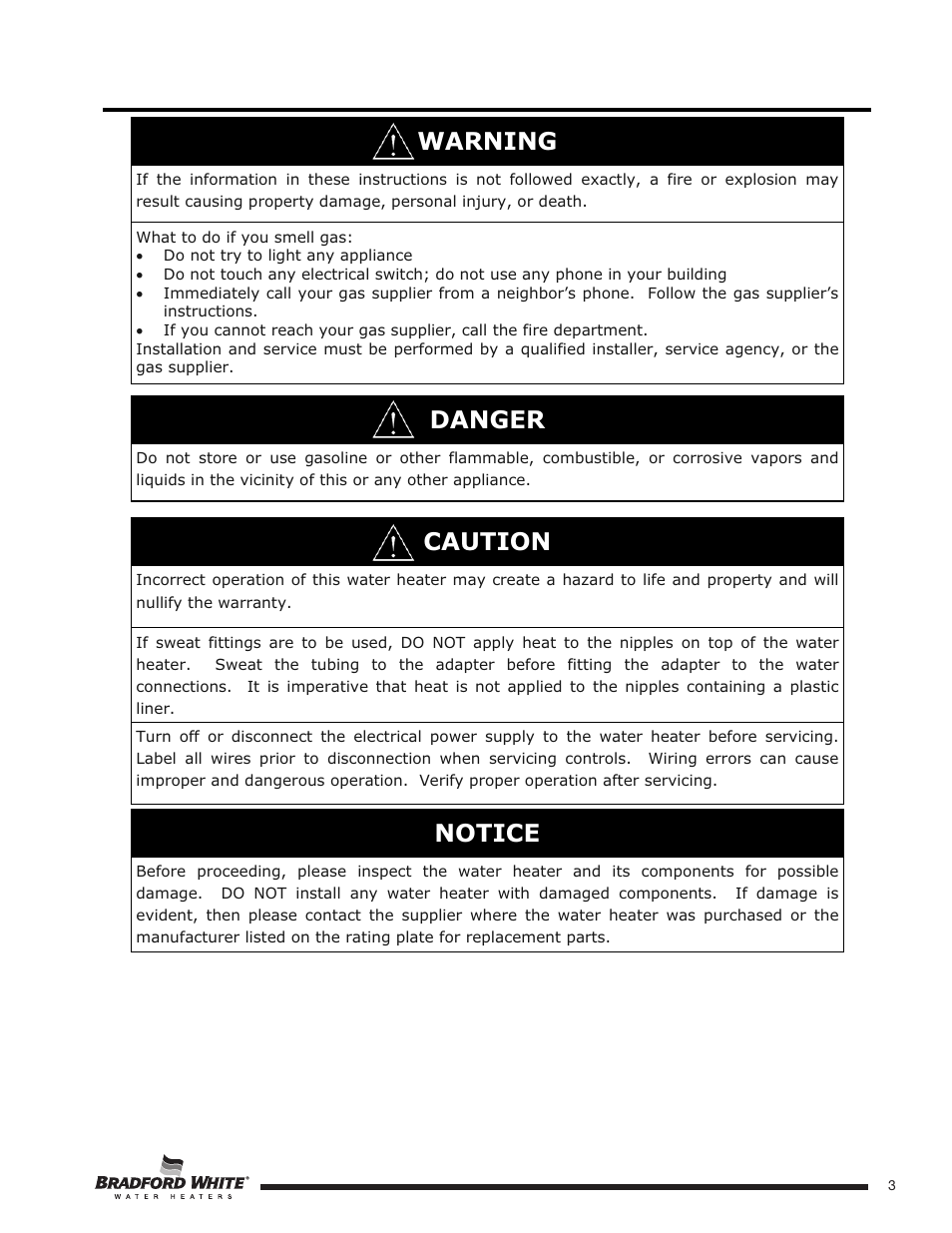 Warning, Caution, Danger | Notice | Bradford White HE-4-50S6FSX User Manual | Page 3 / 40