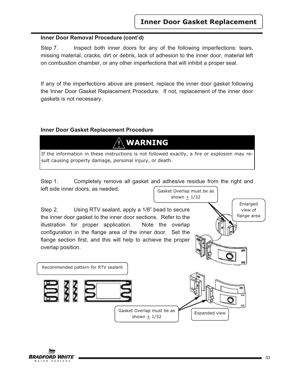 Warning, Inner door gasket replacement | Bradford White HE-4-50S6FSX User Manual | Page 33 / 40