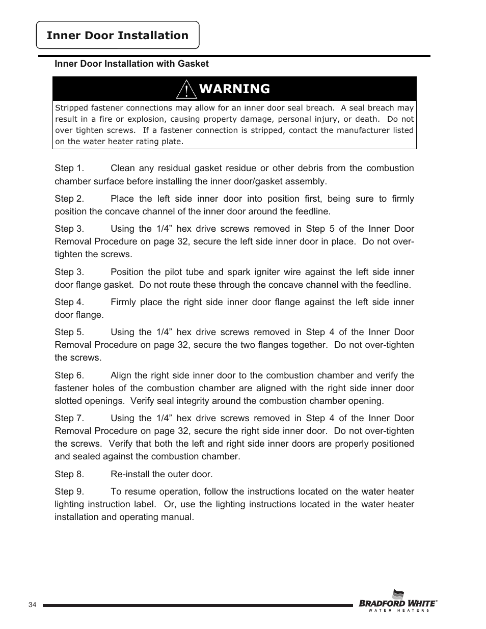 Warning | Bradford White HE-4-50S6FSX User Manual | Page 34 / 40