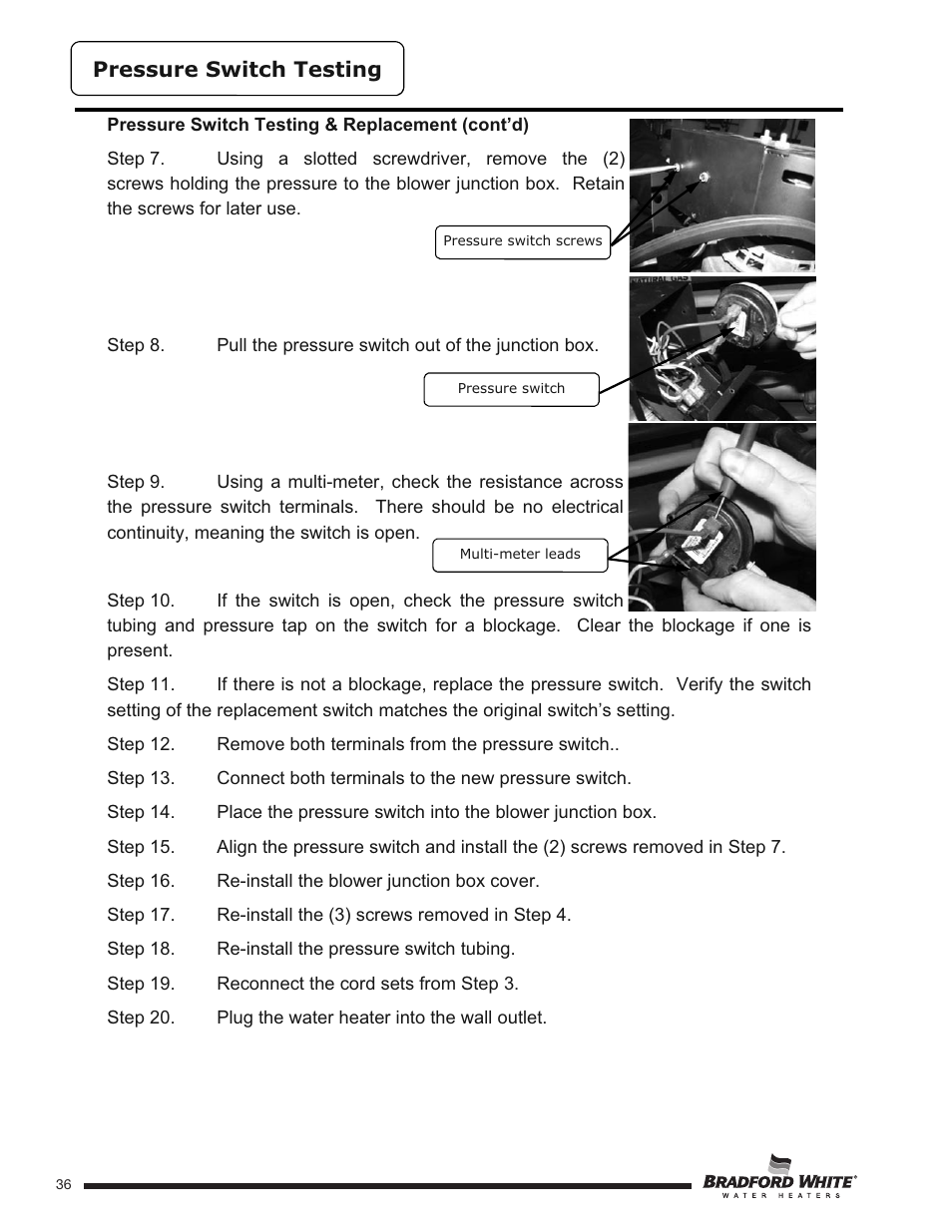 Pressure switch testing | Bradford White HE-4-50S6FSX User Manual | Page 36 / 40