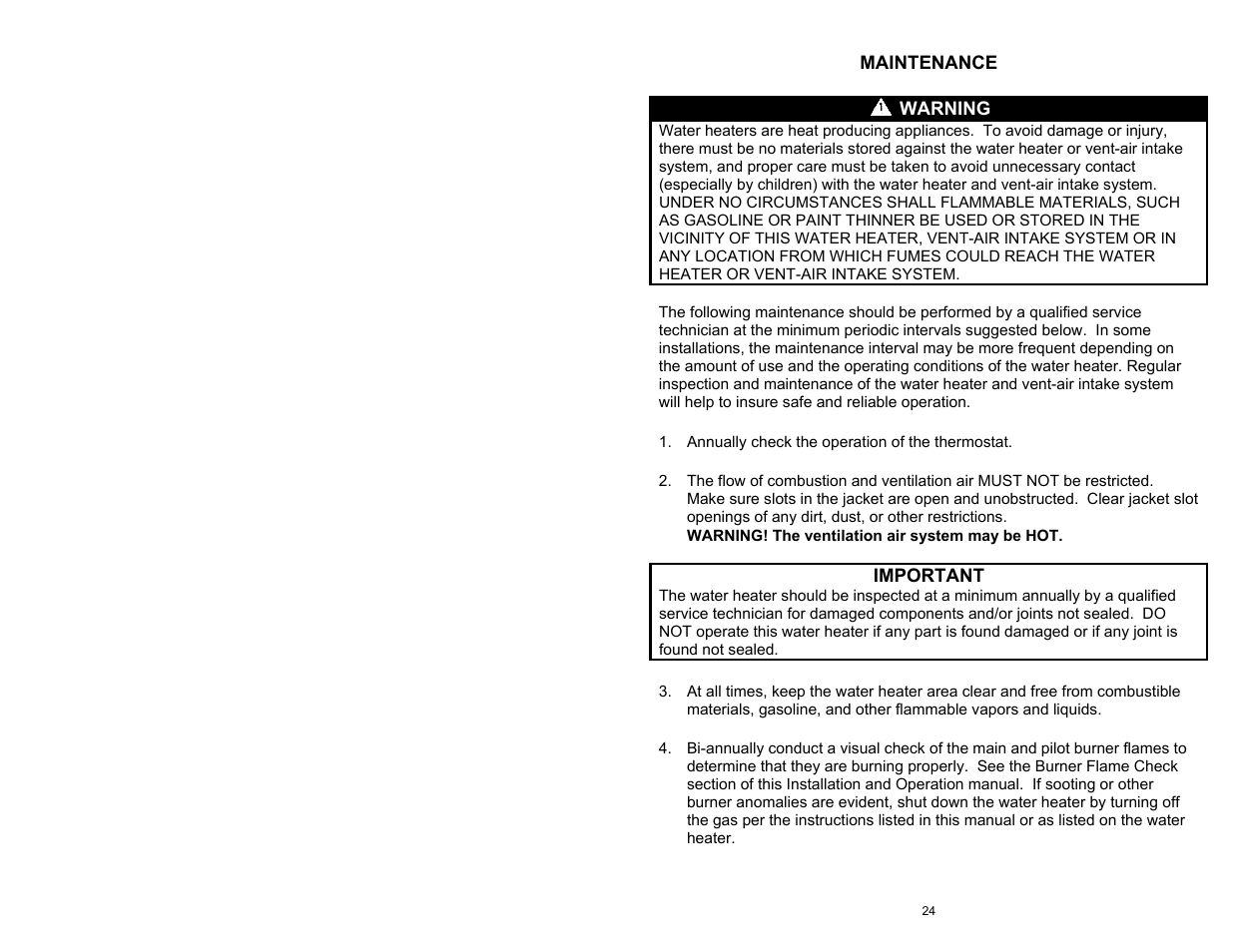 Maintenance warning, Important | Bradford White D-4-504S6FSX User Manual | Page 24 / 36